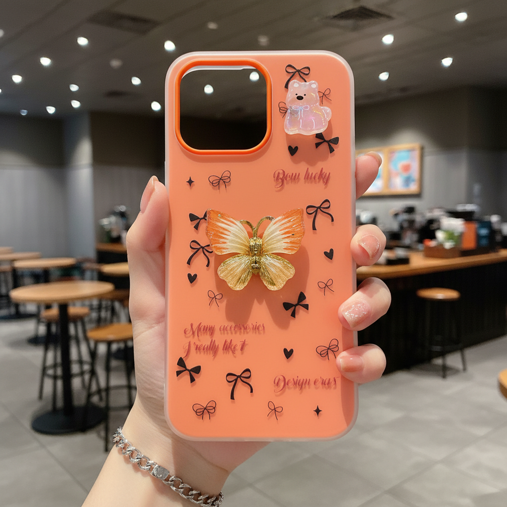 Sunbeam Flutter Aesthetic Luxury Yellow Butterfly & Bear Motif - Phone Case For iPhone 14