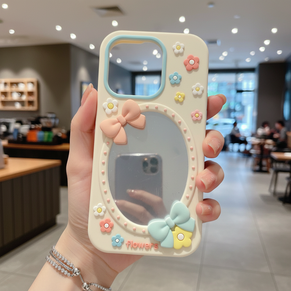 Soft Girl Aesthetic Mirror With Luxury Flower & Bow Phone Case