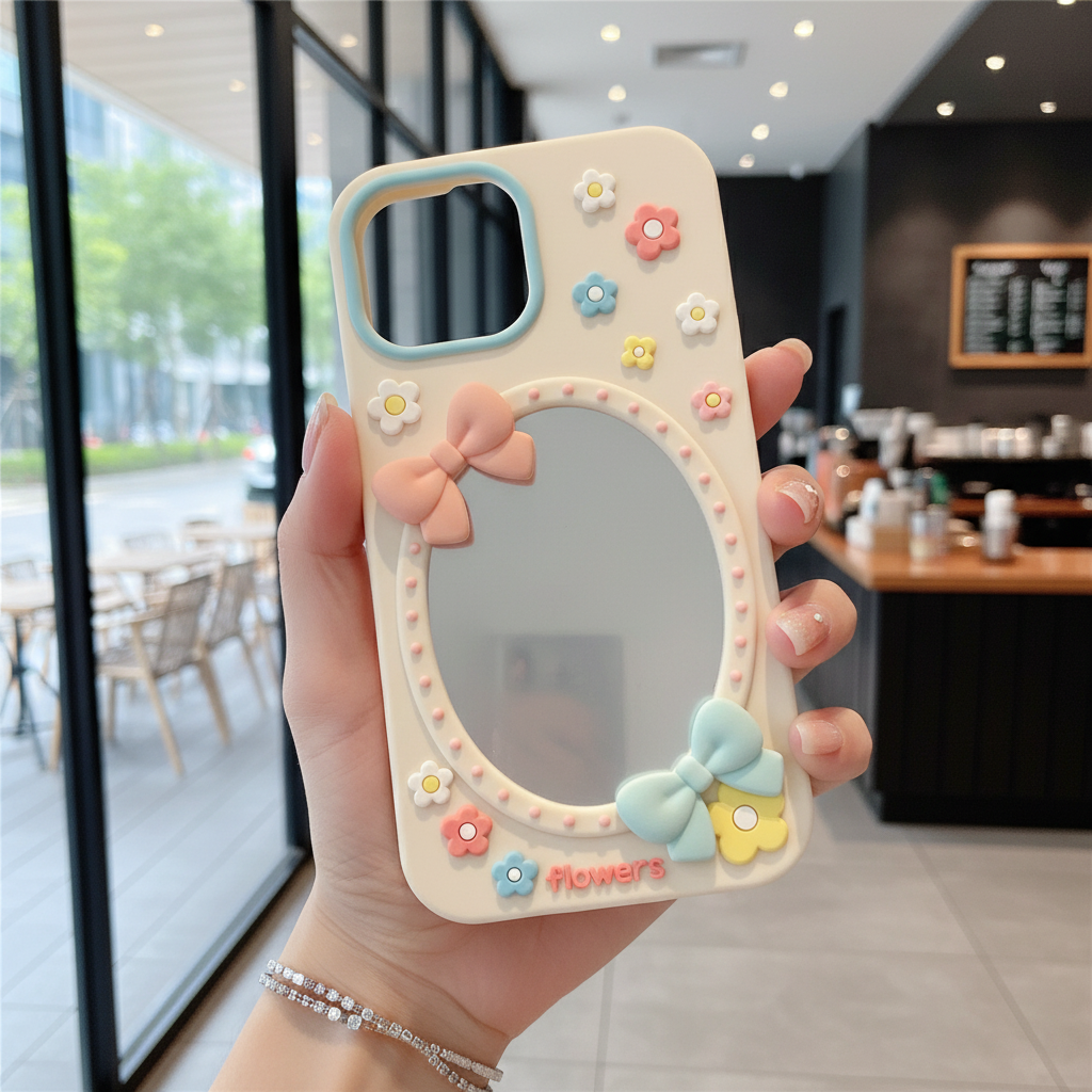 Soft Girl Aesthetic Mirror With Luxury Flower & Bow Phone Case