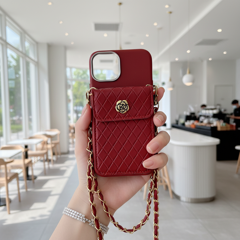 Red Texture Wallet With Golden Chain Silicon Phone Cases