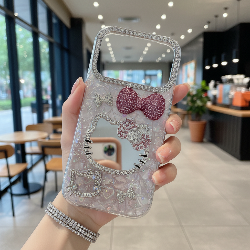 Dreamy Kitty Bow Series Case - Premium Jeweled Mirror Design with Diamond Camera Guard