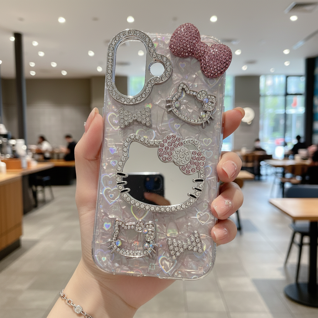 Dreamy Kitty Bow Series Case - Premium Jeweled Mirror Design with Diamond Camera Guard