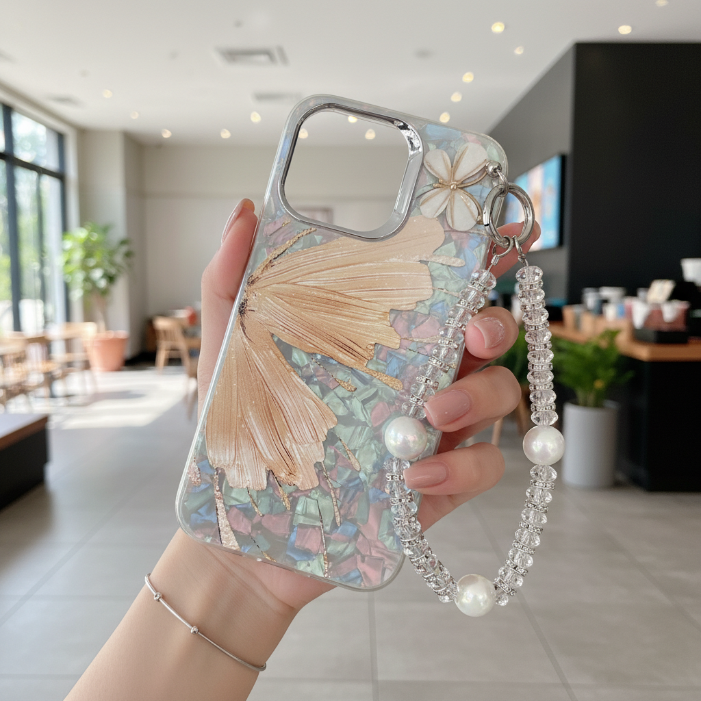 Orange Butterfly With Steel Camera Protection With Bracelet - Phone Case For iPhone 14 Pro