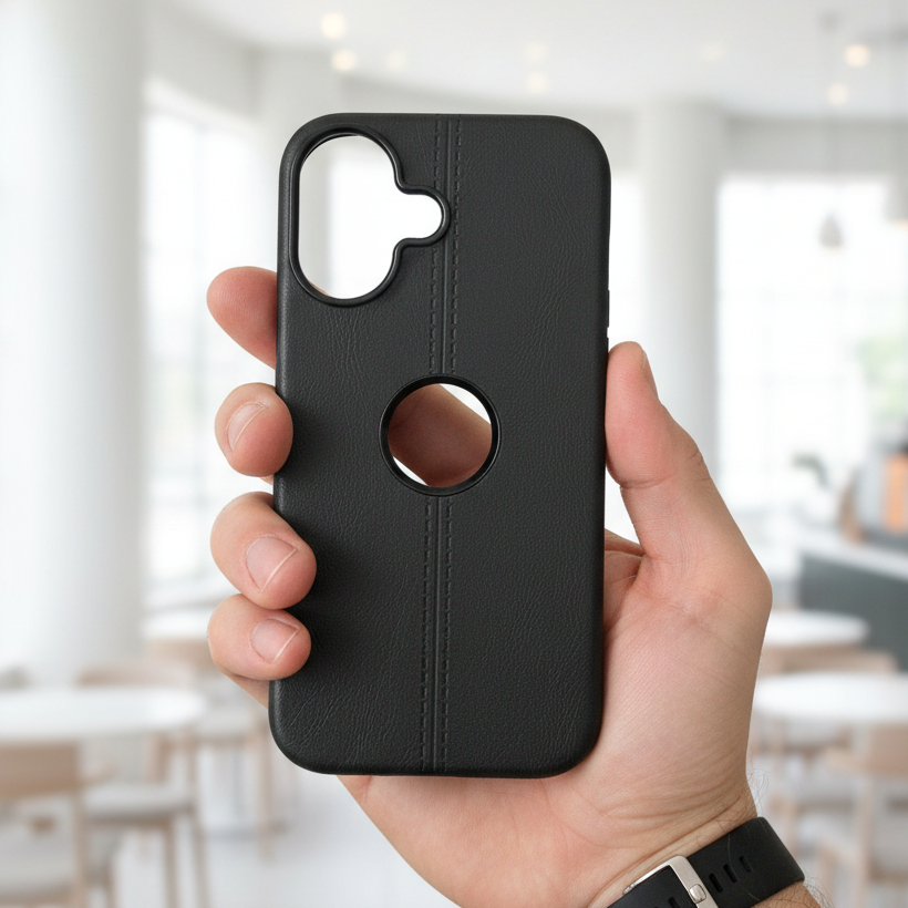 Classic Black Leatherette Case - Aesthetic Minimalist Professional Design with Apple Logo Cutout