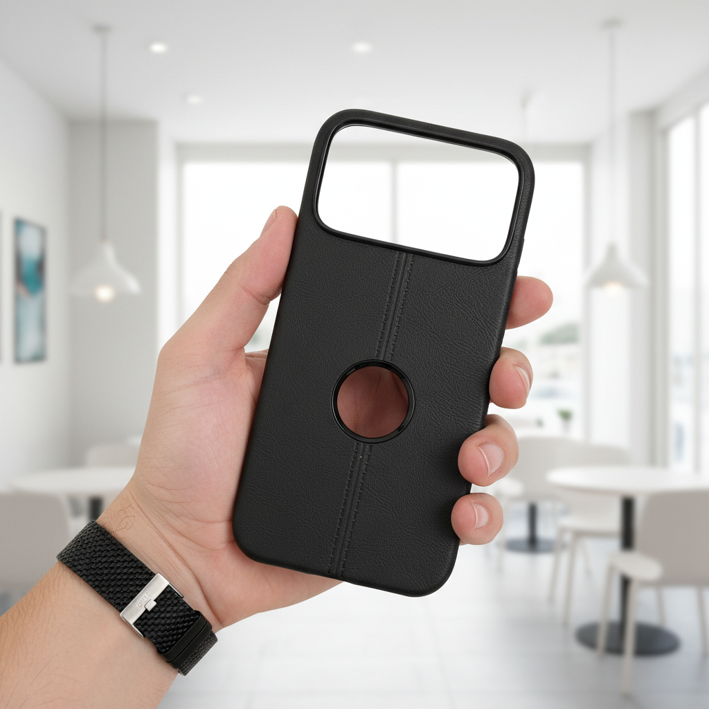 Classic Black Leatherette Case - Aesthetic Minimalist Professional Design with Apple Logo Cutout