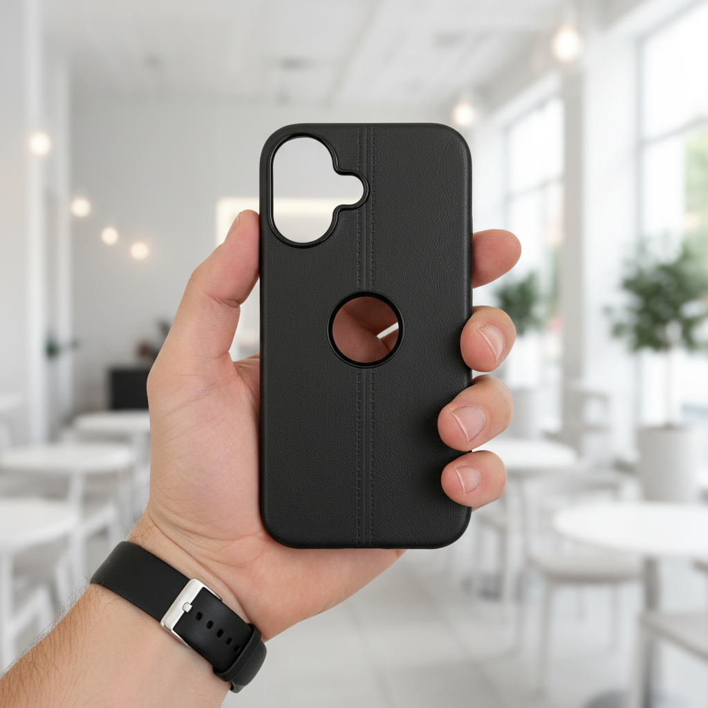 Classic Black Leatherette Case - Aesthetic Minimalist Professional Design with Apple Logo Cutout
