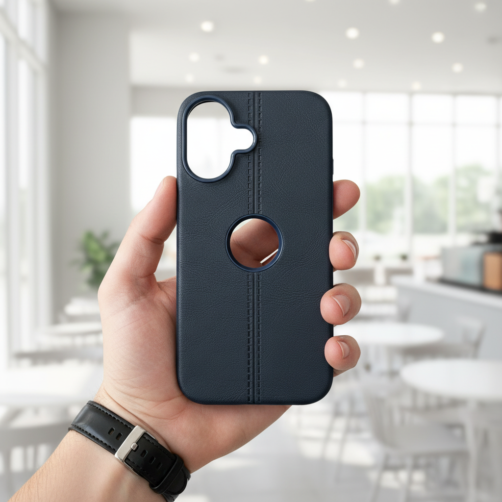 Classic Blue Leatherette Case - Aesthetic Minimalist Professional Design with Apple Logo Cutout