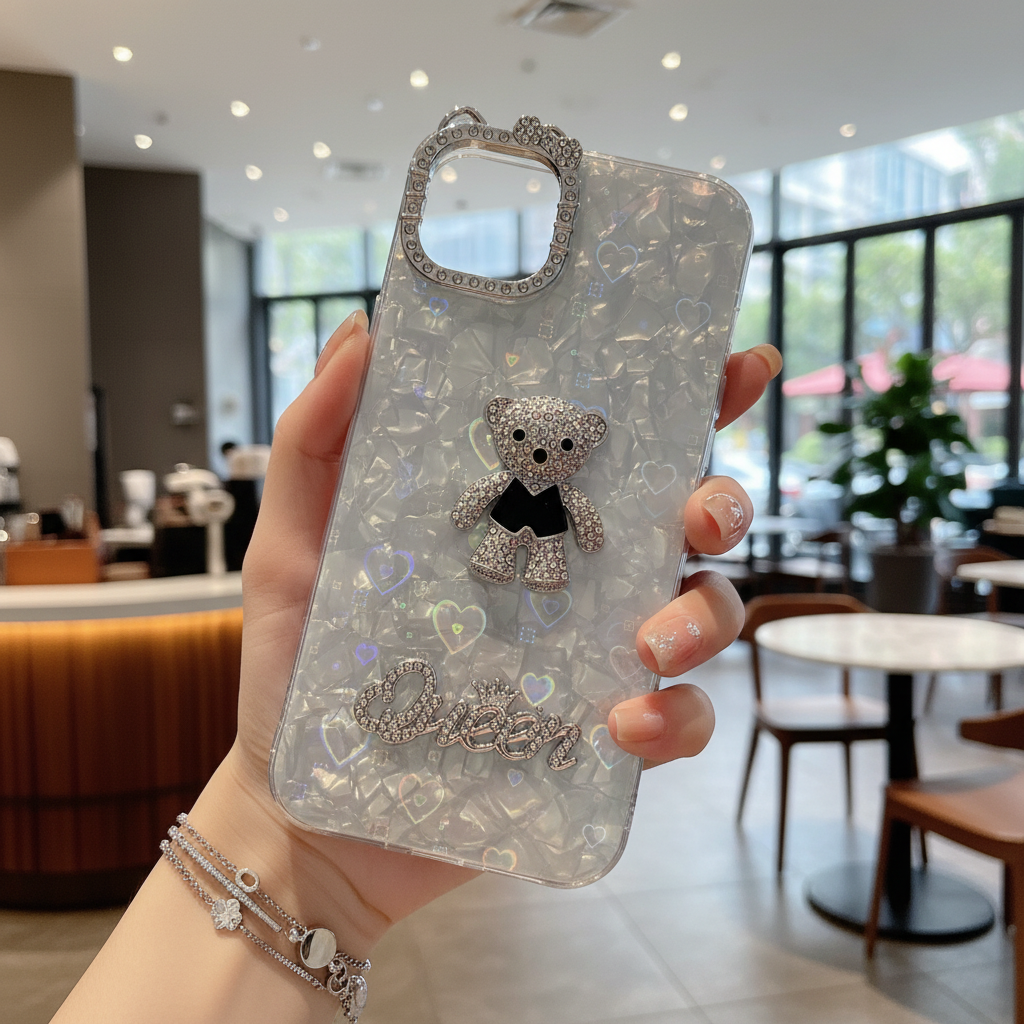Queen Teddy With Diamond Camera Frame Silicone Phone Case