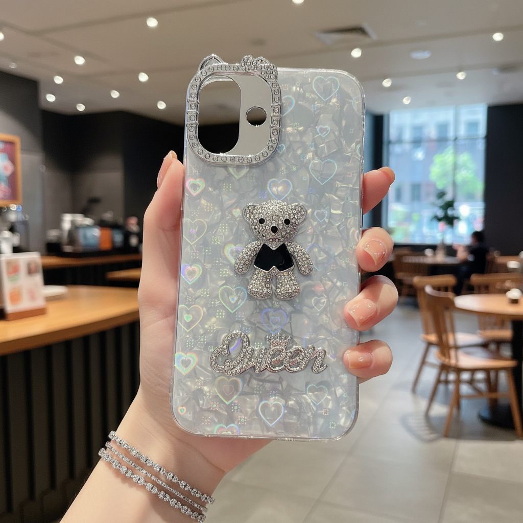 Queen Teddy With Diamond Camera Frame Silicone Phone Case