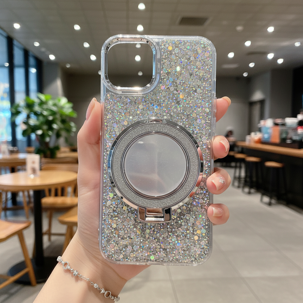 Silver Glitter Case with Ring Stand - Phone Case For iPhone 14