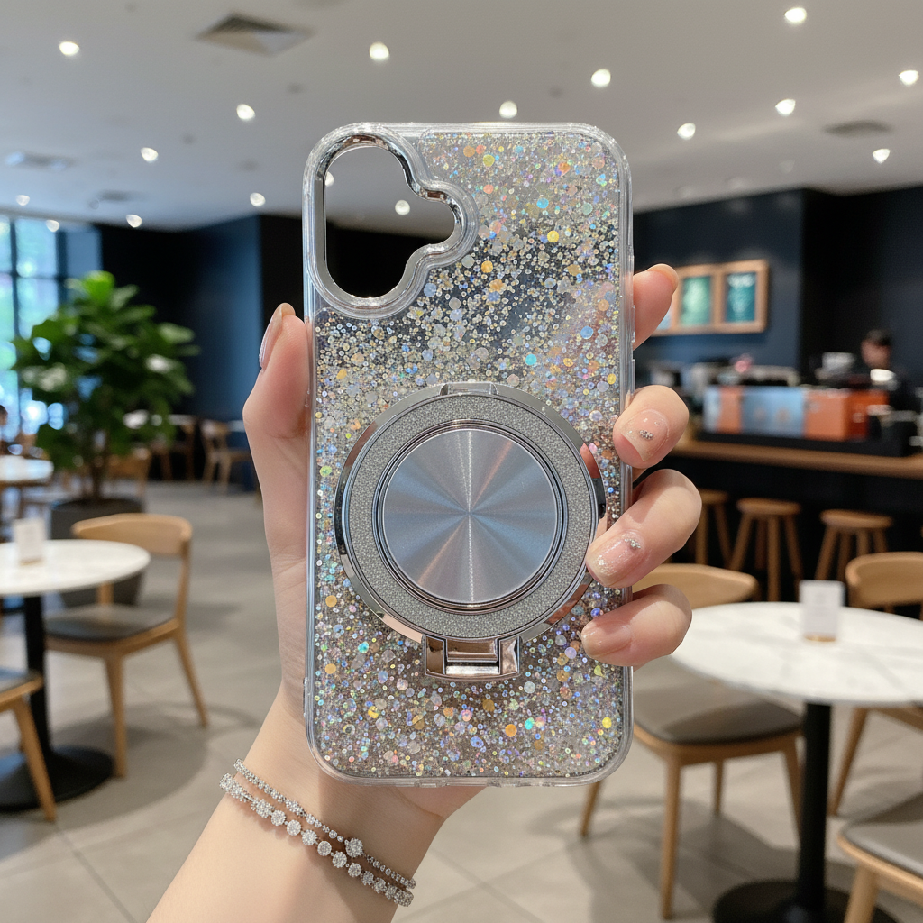 Silver Glitter Case with Ring Stand – Luxury Sparkle Design
