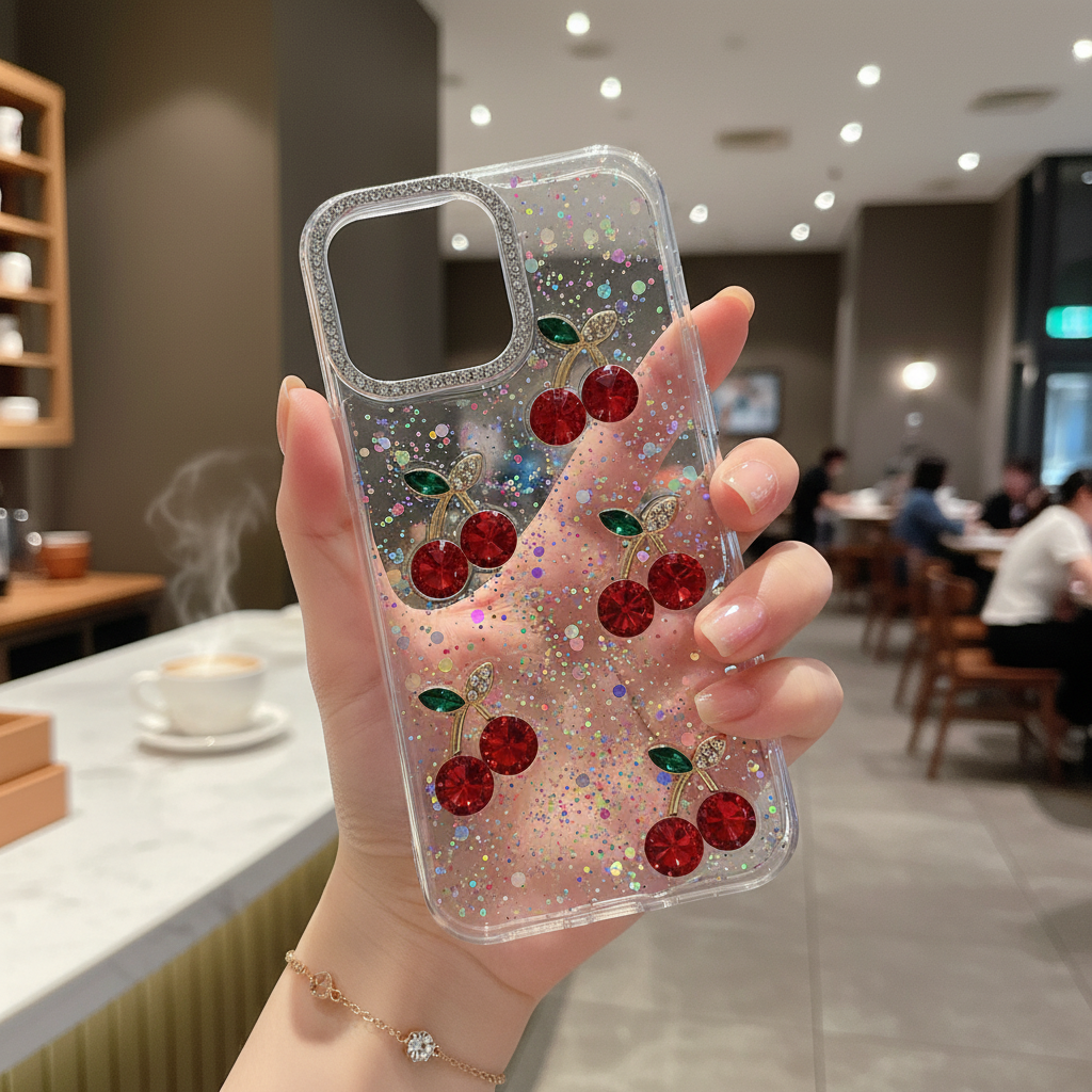 Red Cherry Crystal Phone Case - Luxury Glitter Liquid & Diamond Camera Lens Case