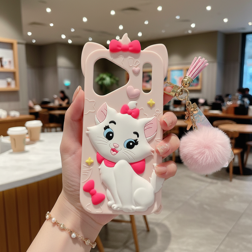 Disney Marie Cat With Fur Charm Silicon Phone Cases