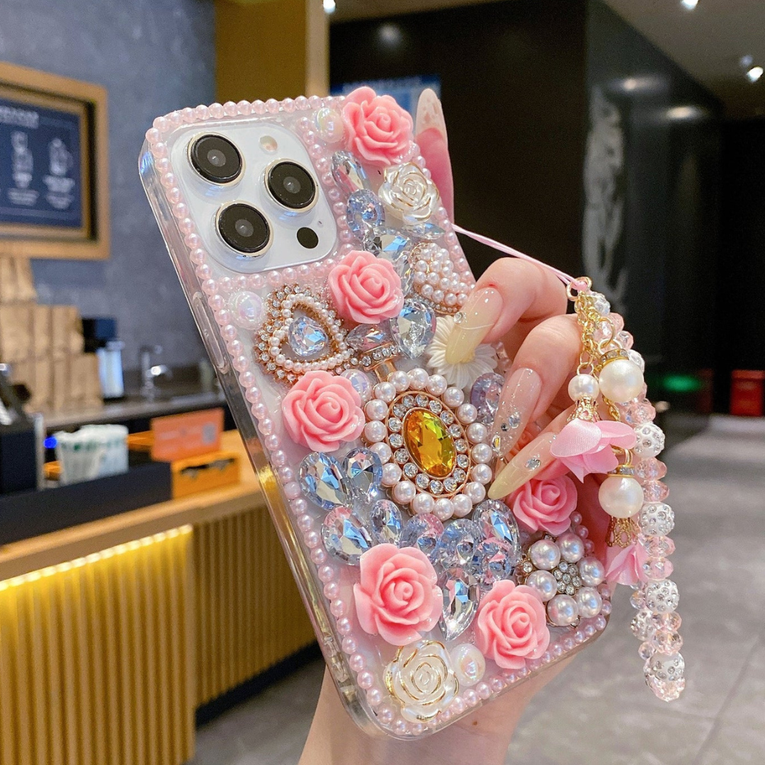 Crystal Rhinestone Pearl Love Rose Wristband Bracelet Case