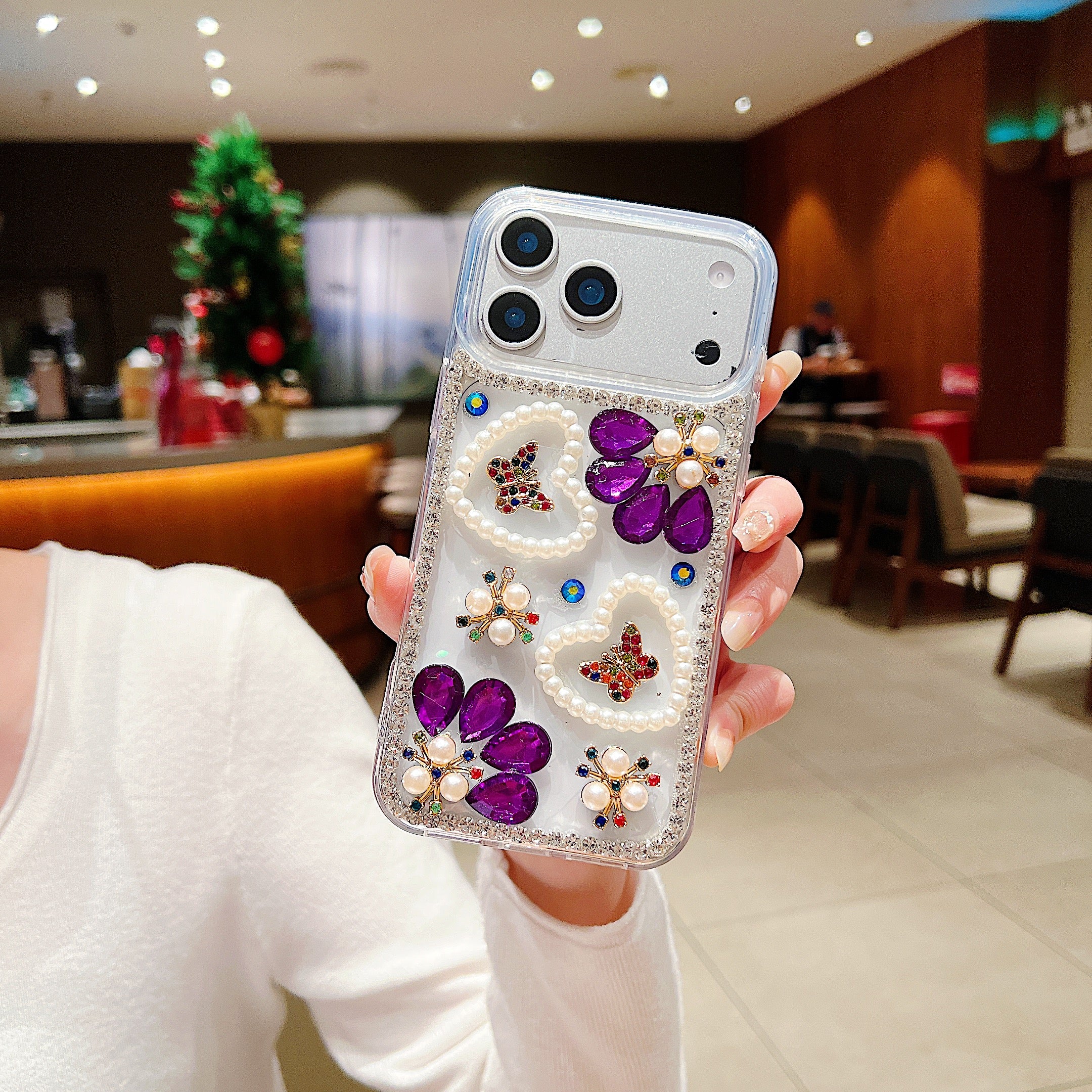 Royal Amethyst Flower Phone Case – Sparkly Diamond & Pearl 3D Floral Design