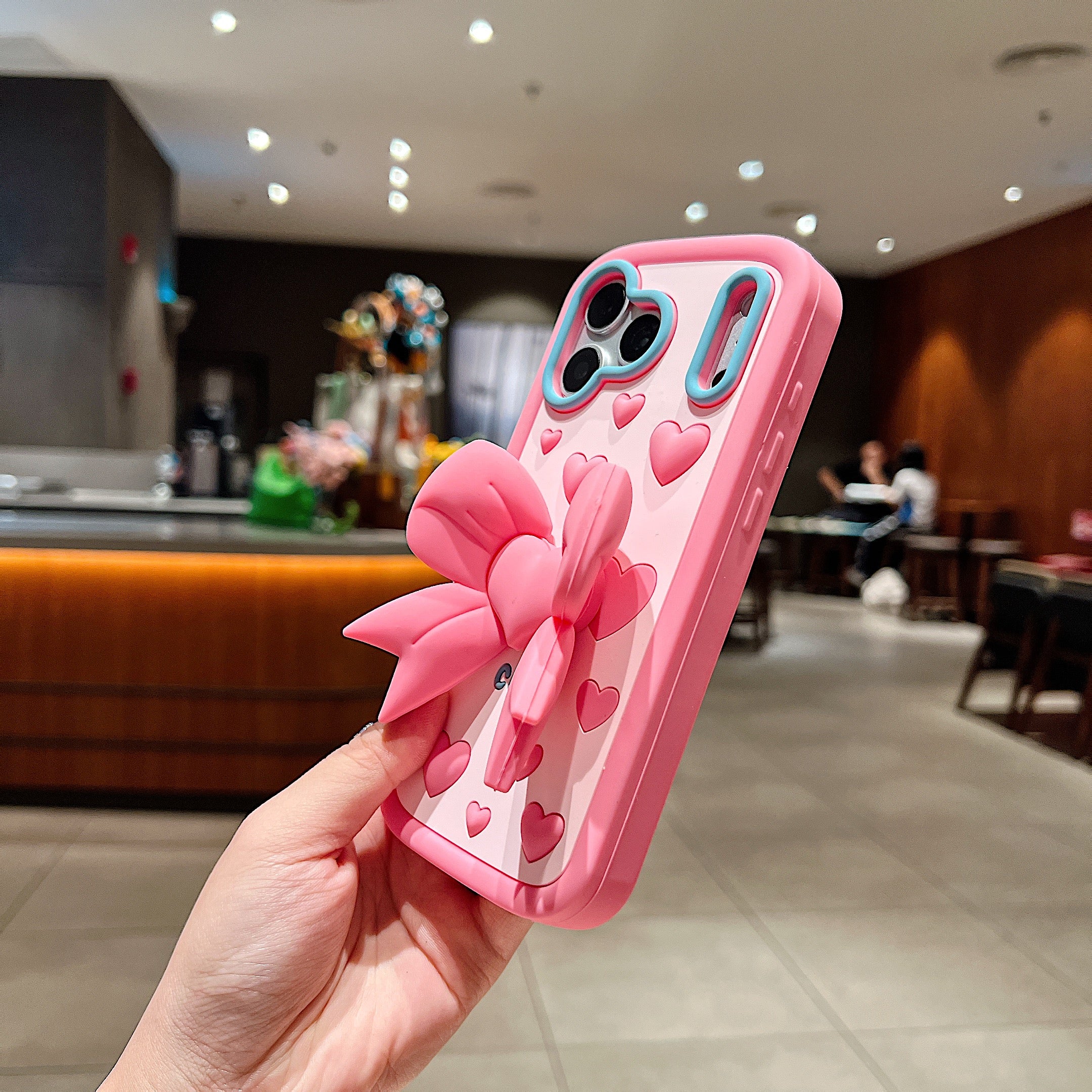 Pink Heart With Bow Stand Silicon Phone Cases For iPhone