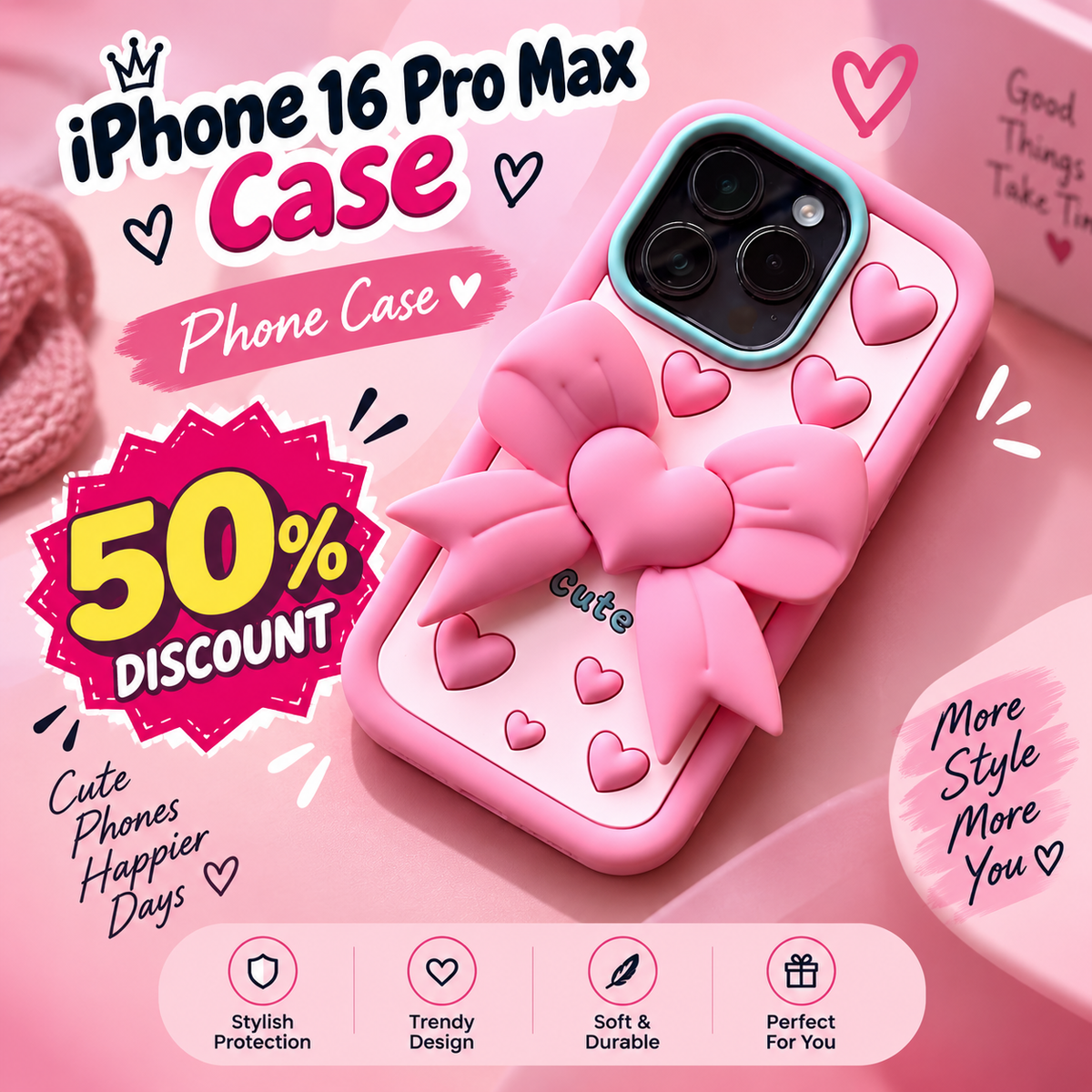 Pink Heart With Bow Stand - Phone Case For iPhone 16 Pro Max