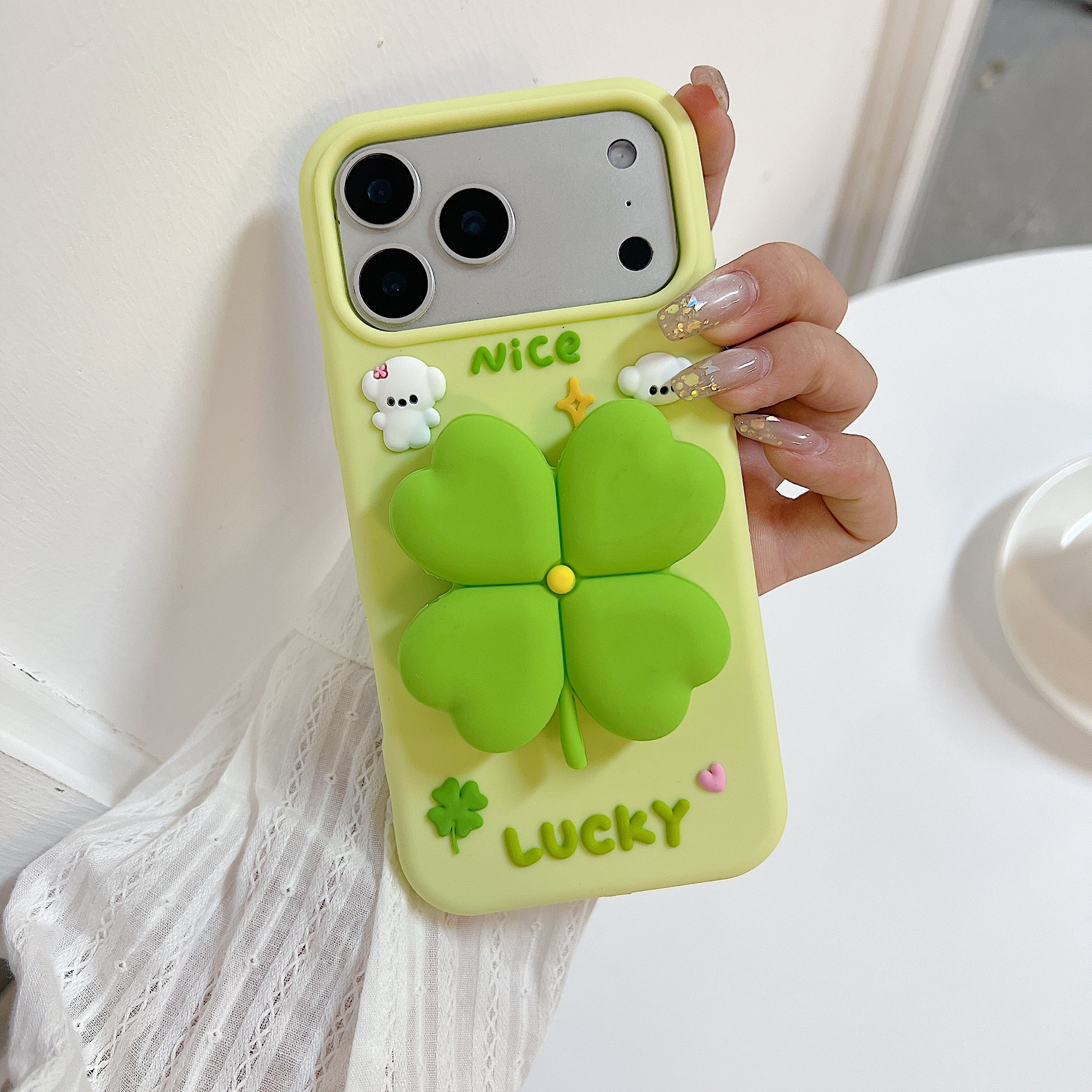 3D Green Clover 'Lucky & Nice' Cute Cartoon Design Silicone Phone Case