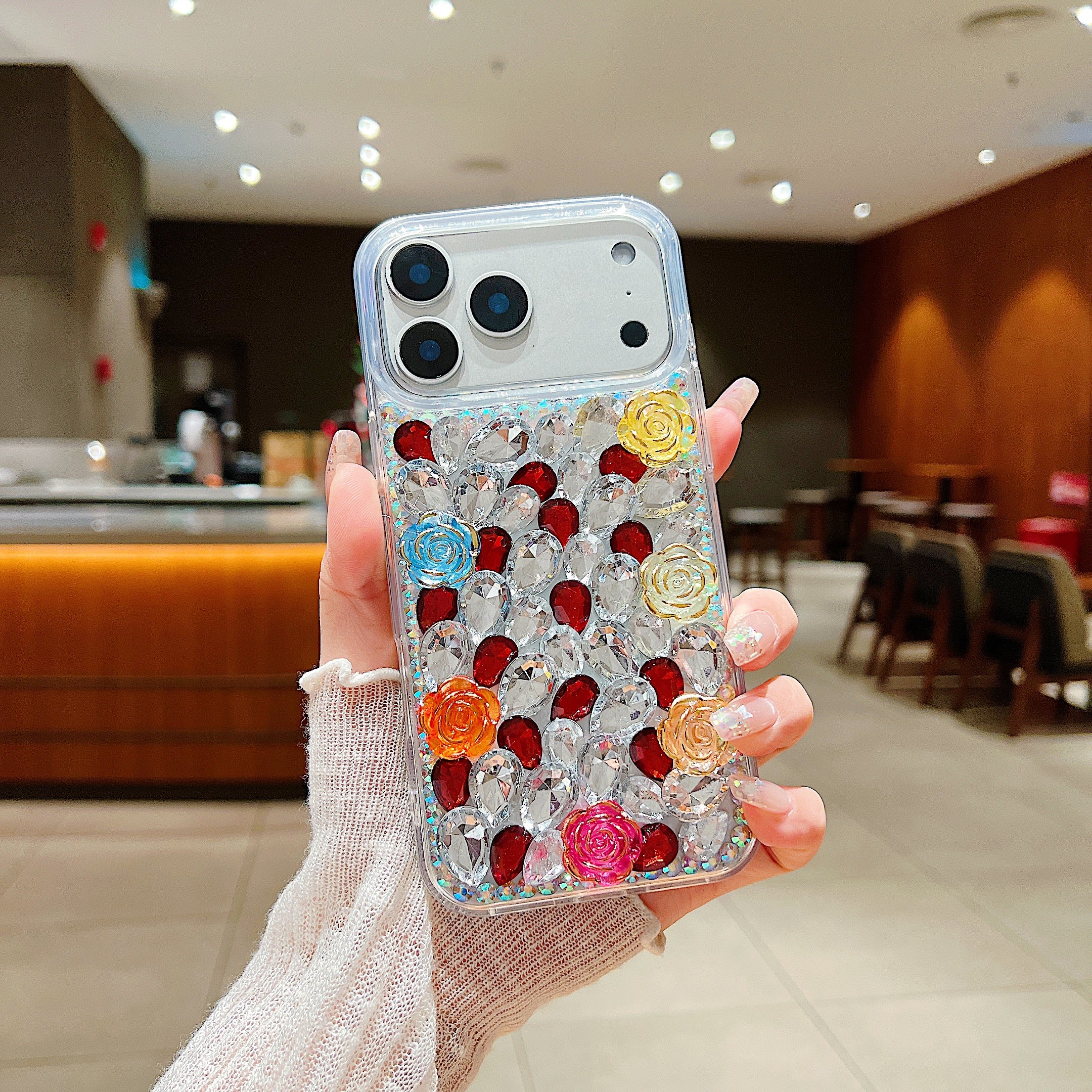 Rainbow Rose Crystal Phone Case – 3D Multicolor Flower & Diamond Gem Case