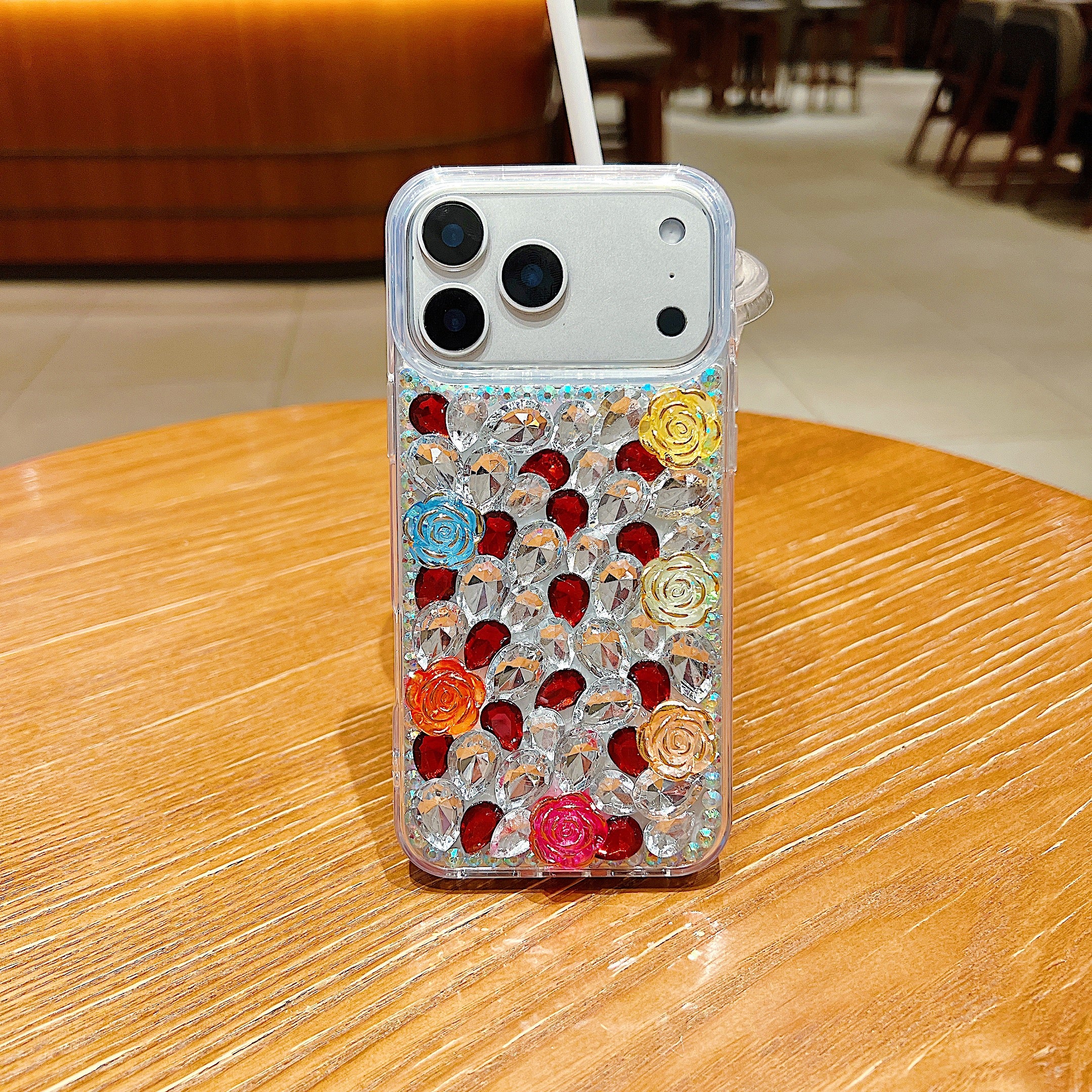Rainbow Rose Crystal Phone Case – 3D Multicolor Flower & Diamond Gem Case