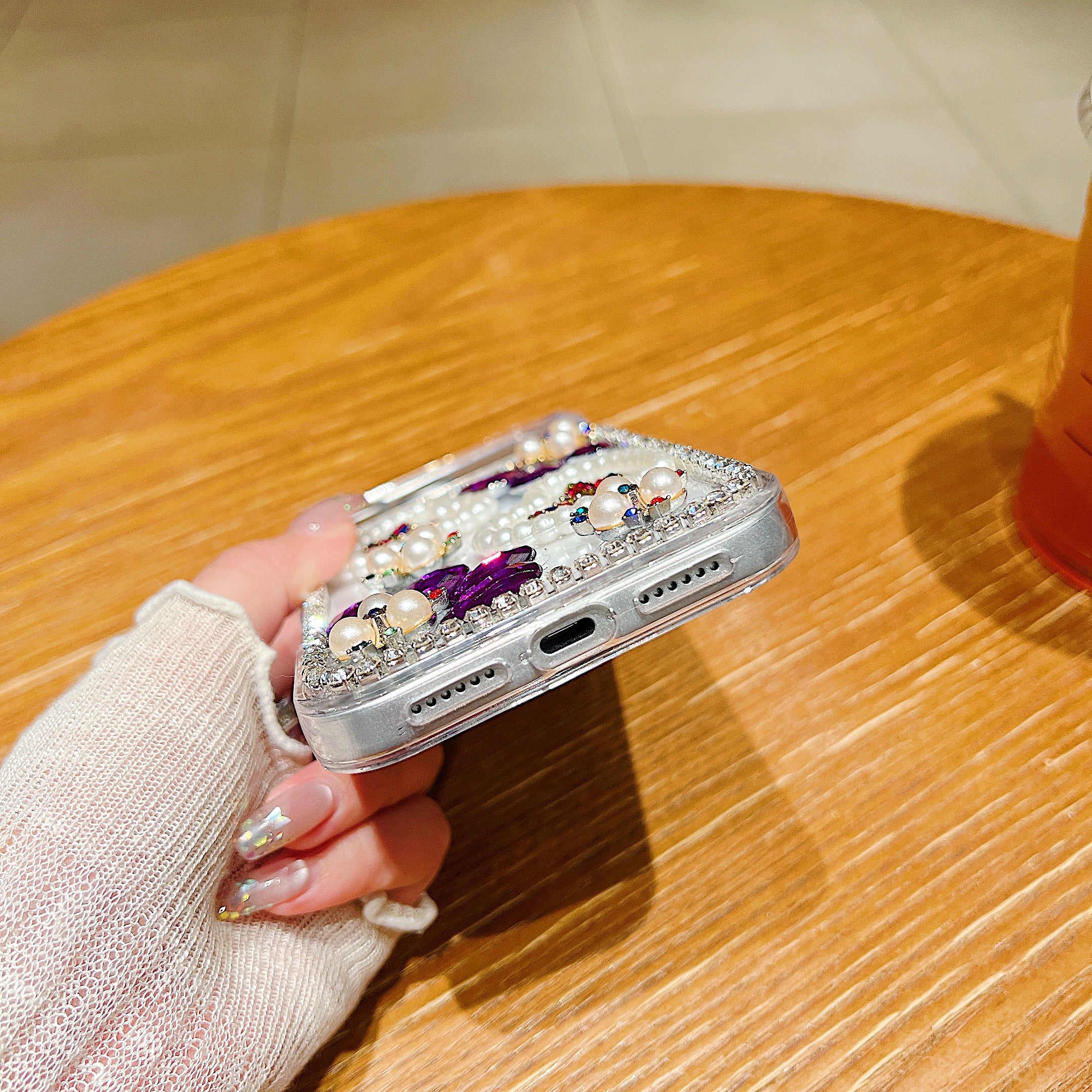 Royal Amethyst Flower Phone Case – Sparkly Diamond & Pearl 3D Floral Design