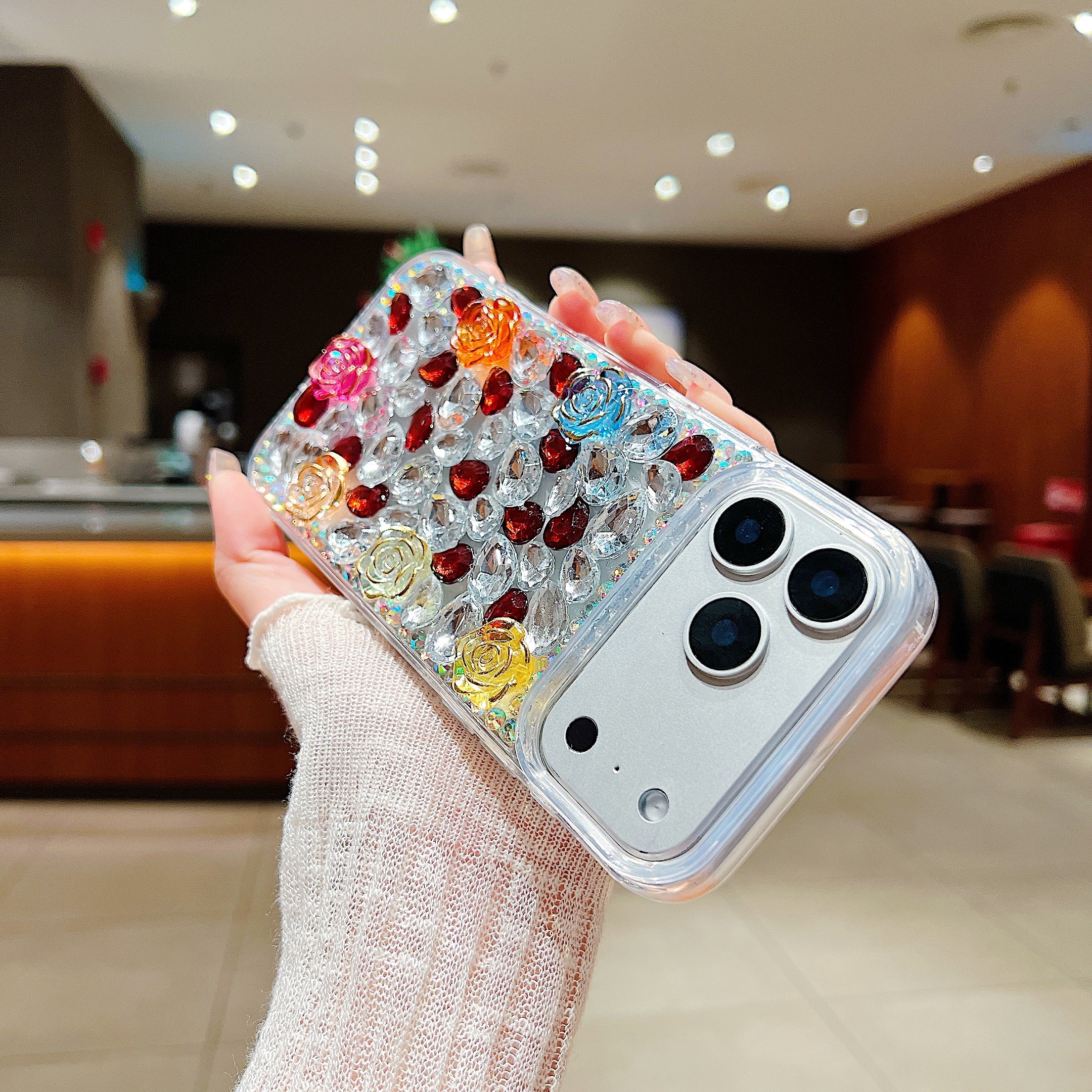 Rainbow Rose Crystal Phone Case – 3D Multicolor Flower & Diamond Gem Case