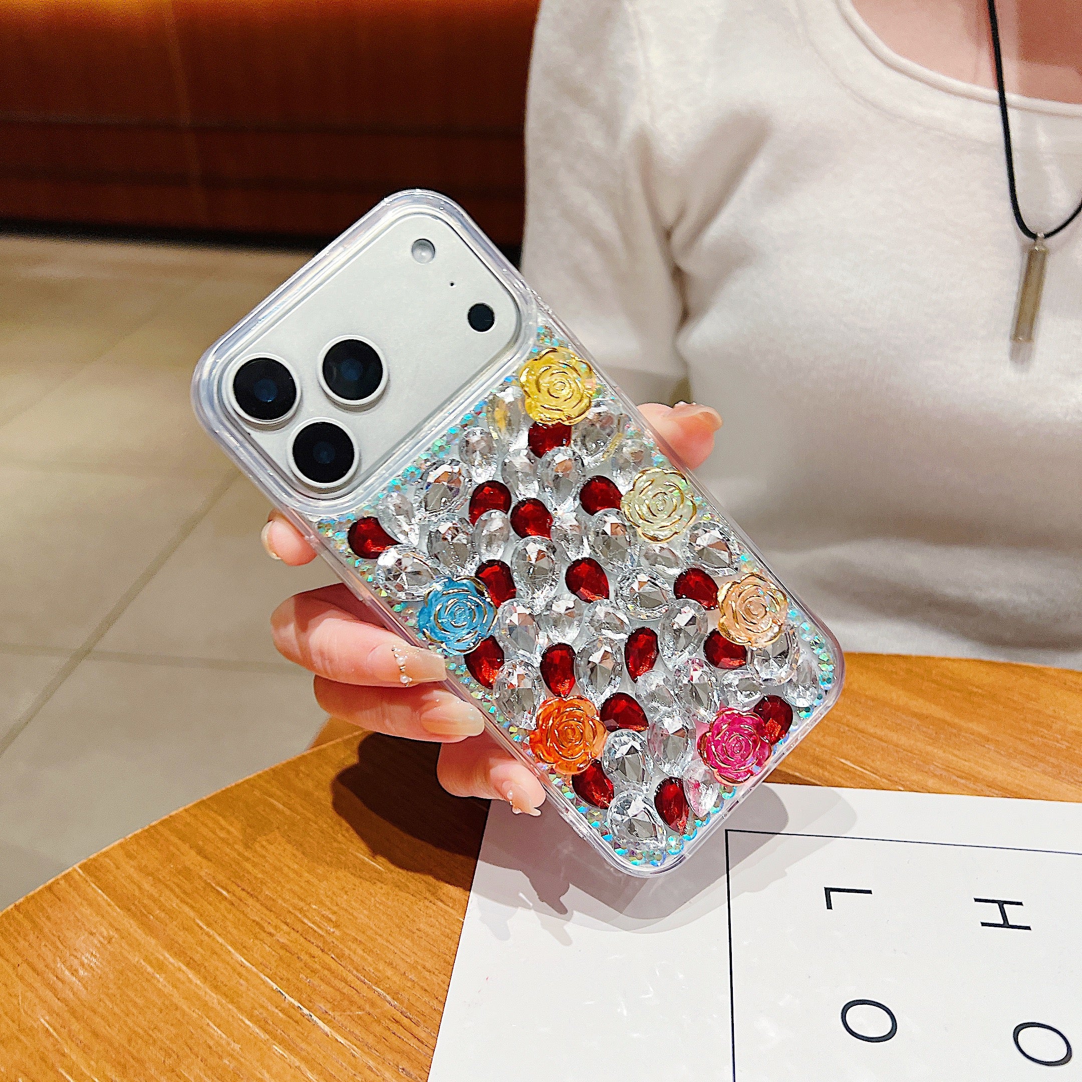 Rainbow Rose Crystal Phone Case – 3D Multicolor Flower & Diamond Gem Case