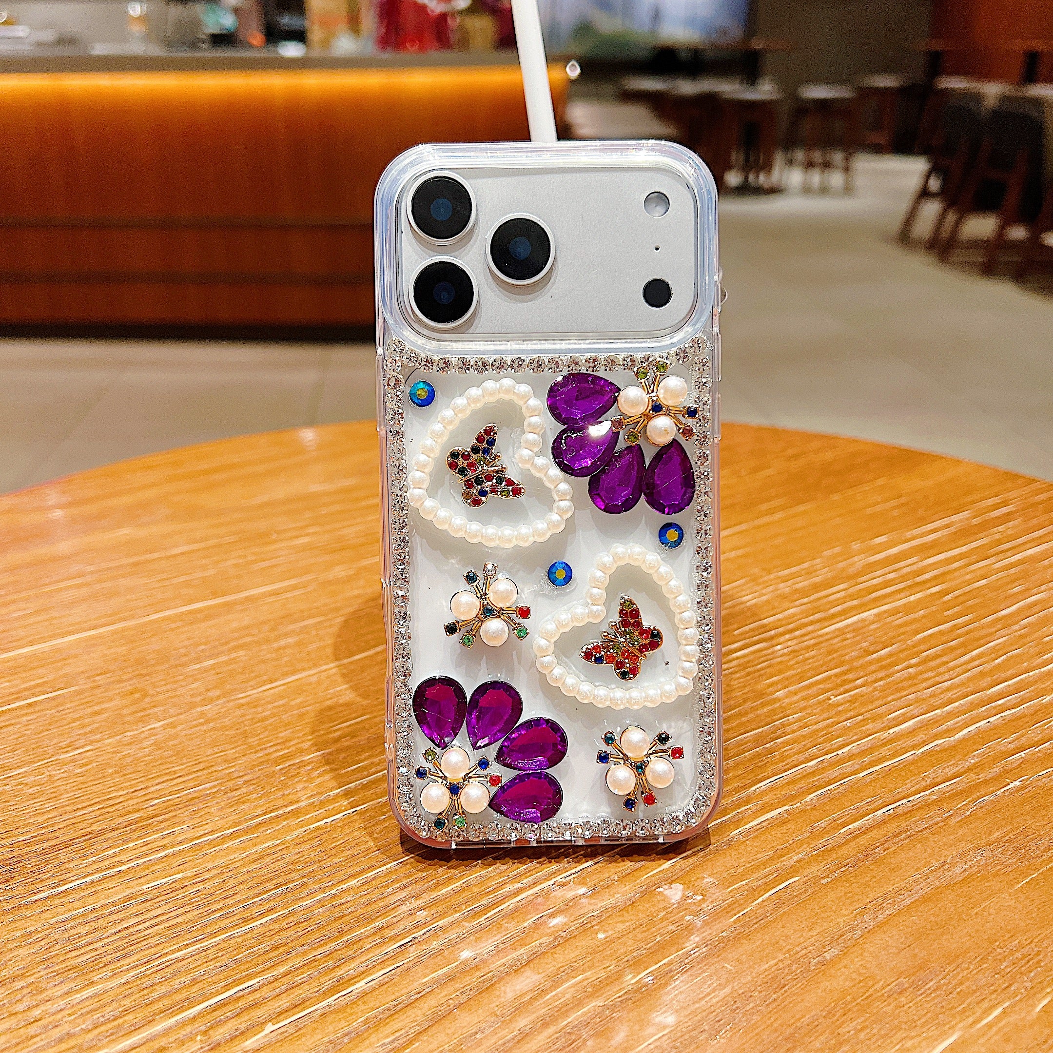 Royal Amethyst Flower Phone Case – Sparkly Diamond & Pearl 3D Floral Design