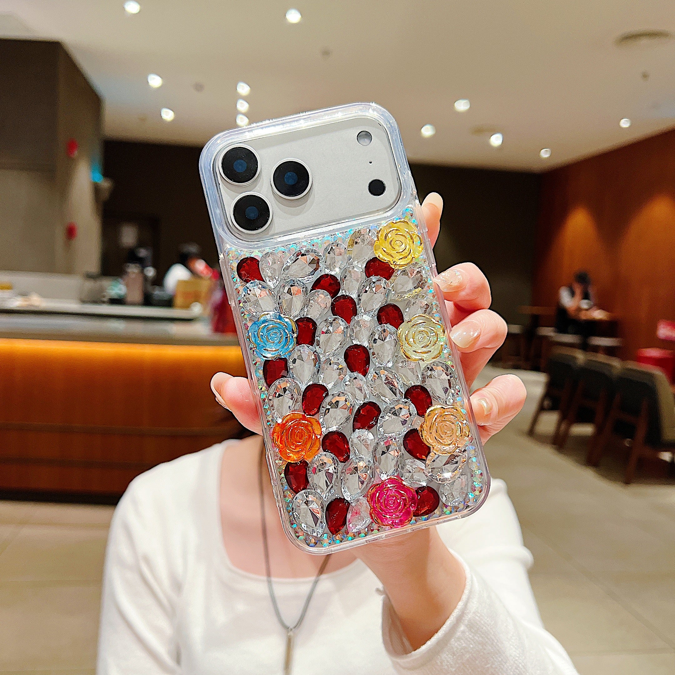 Rainbow Rose Crystal Phone Case – 3D Multicolor Flower & Diamond Gem Case