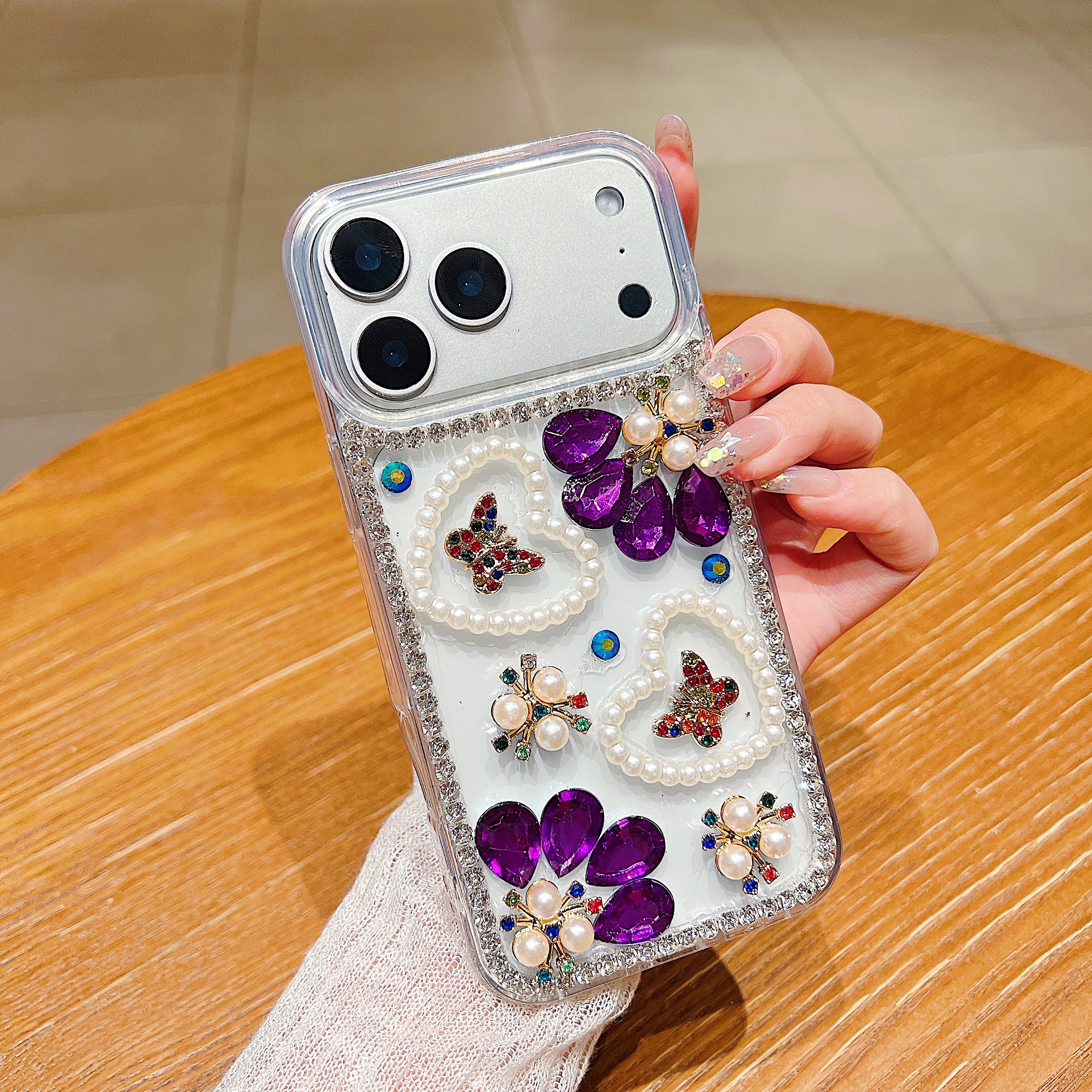 Royal Amethyst Flower Phone Case – Sparkly Diamond & Pearl 3D Floral Design