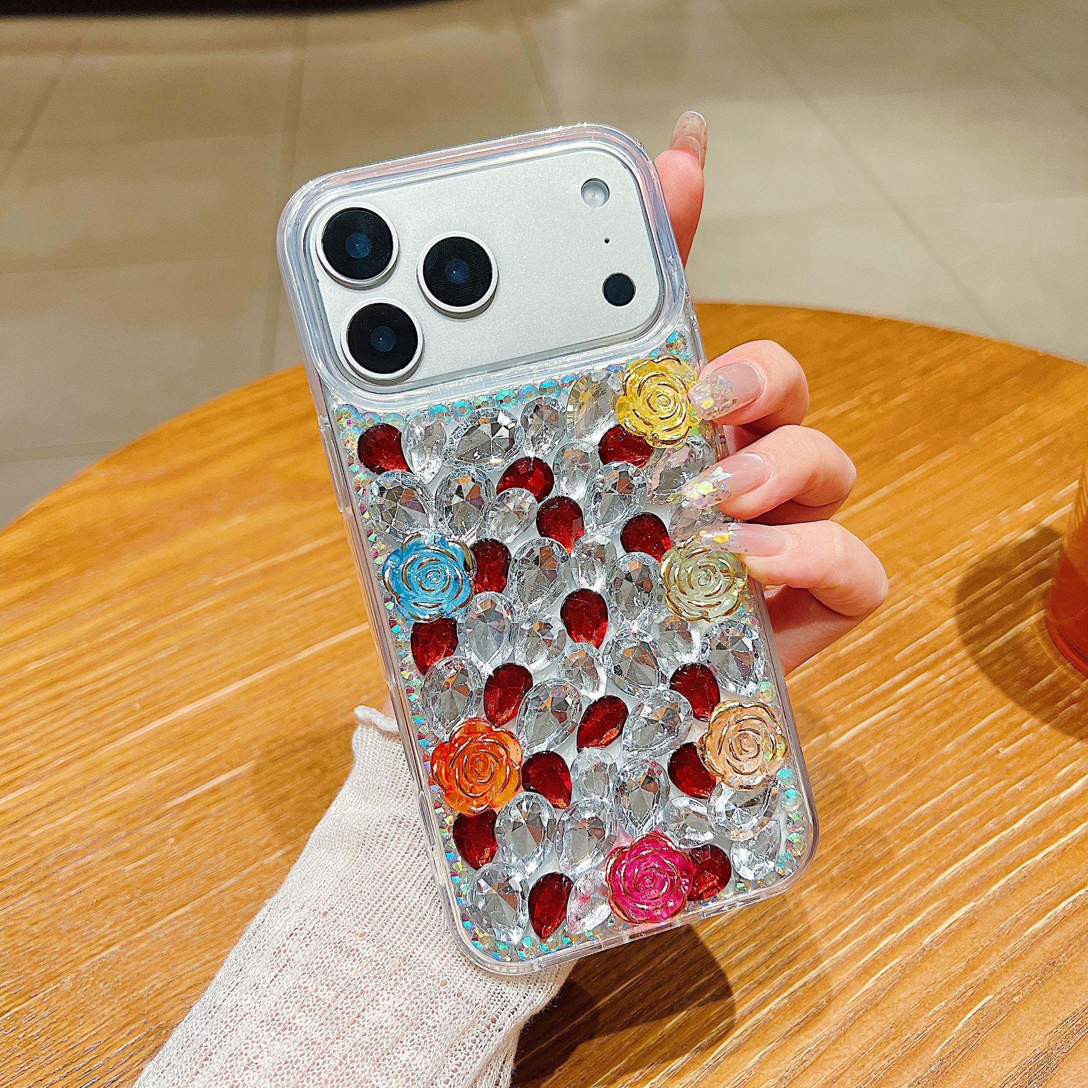 Rainbow Rose Crystal Phone Case – 3D Multicolor Flower & Diamond Gem Case
