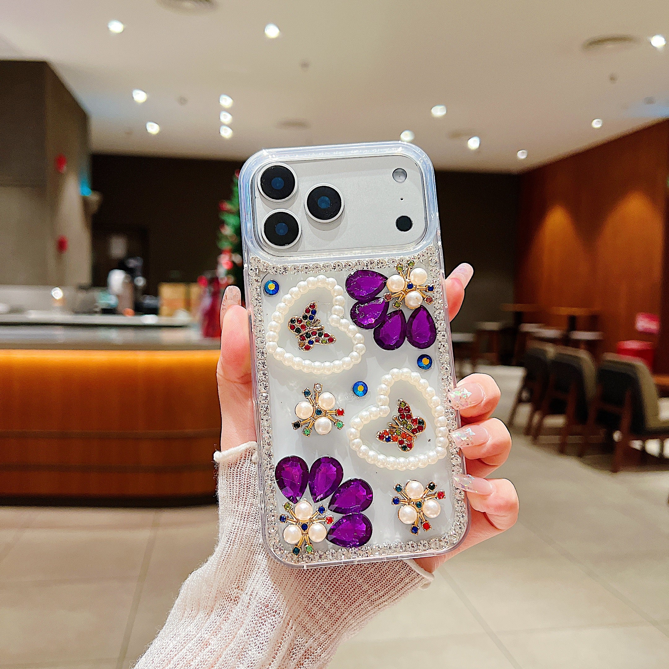 Royal Amethyst Flower Phone Case – Sparkly Diamond & Pearl 3D Floral Design