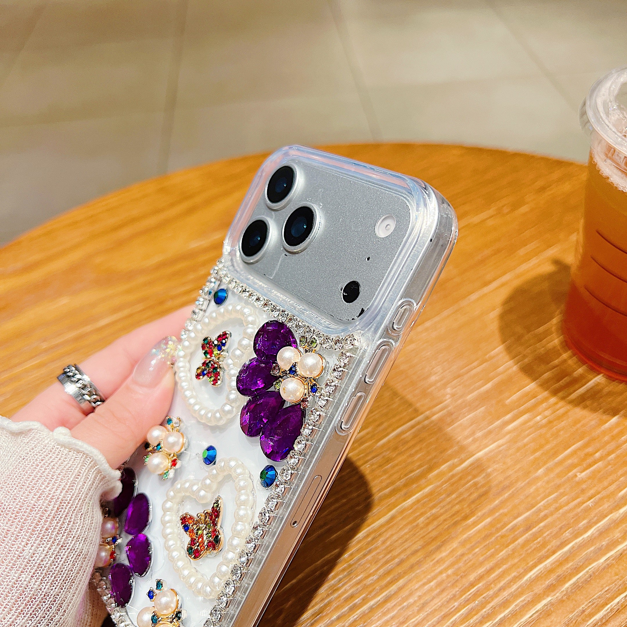 Royal Amethyst Flower Phone Case – Sparkly Diamond & Pearl 3D Floral Design
