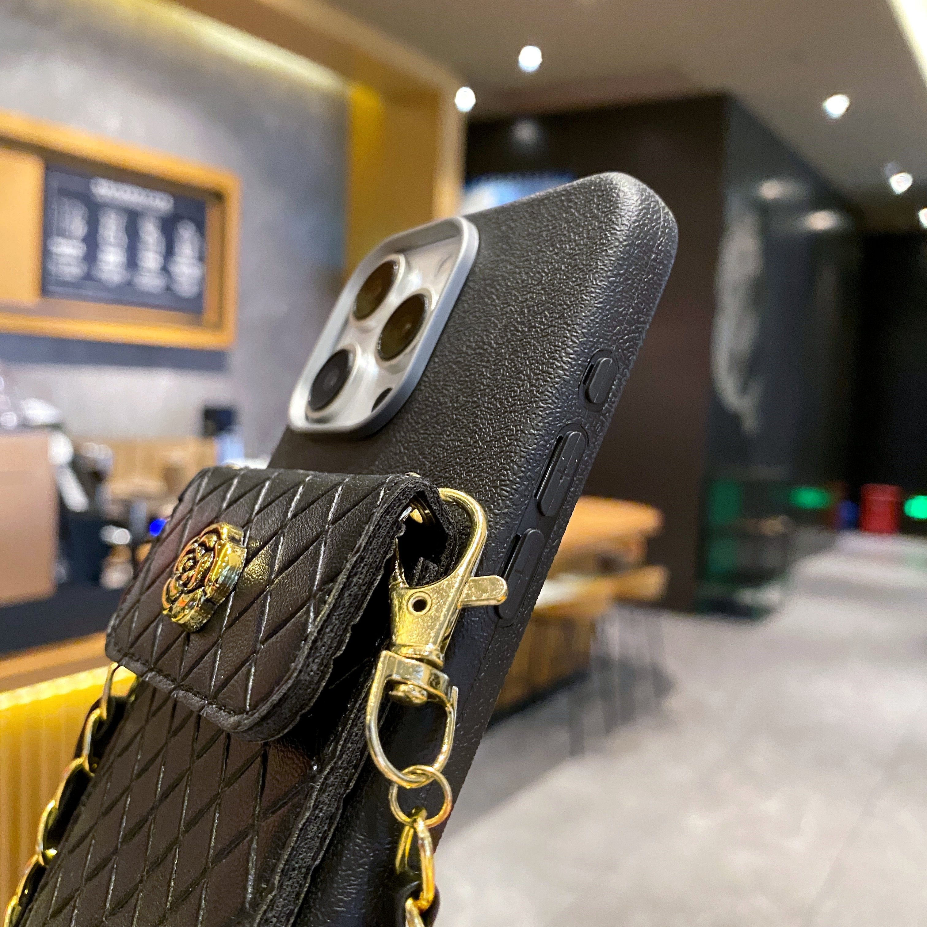Black Texture Wallet With Golden Chain Silicon Phone Cases