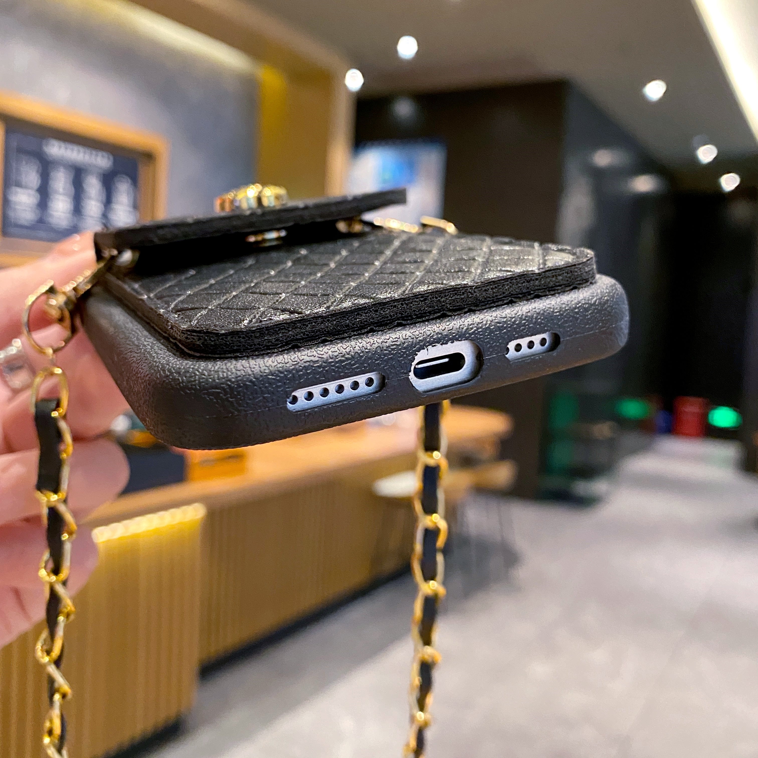 Black Texture Wallet With Golden Chain Silicon Phone Cases