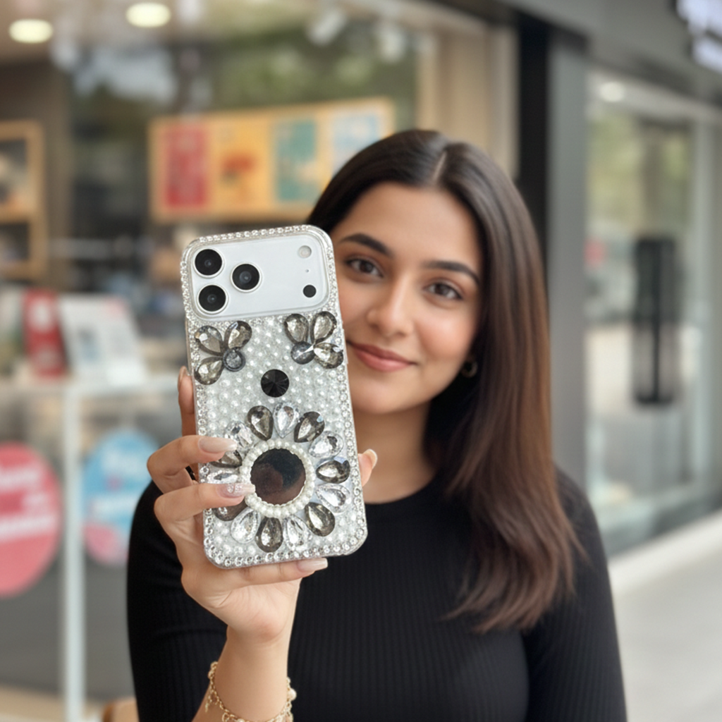 Bloom Mirror Case Luxury Smokey Crystal Flower & Pearl Shield Case