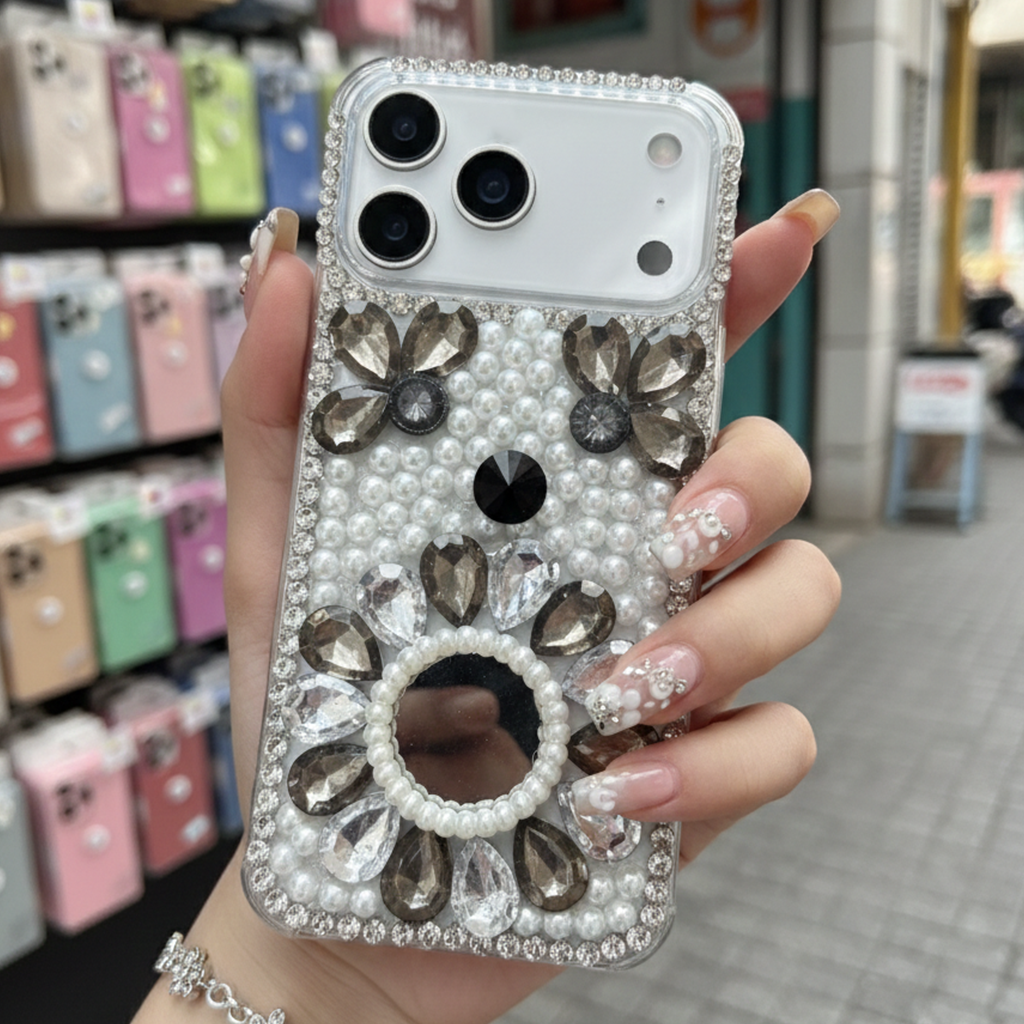 Bloom Mirror Case Luxury Smokey Crystal Flower & Pearl Shield Case