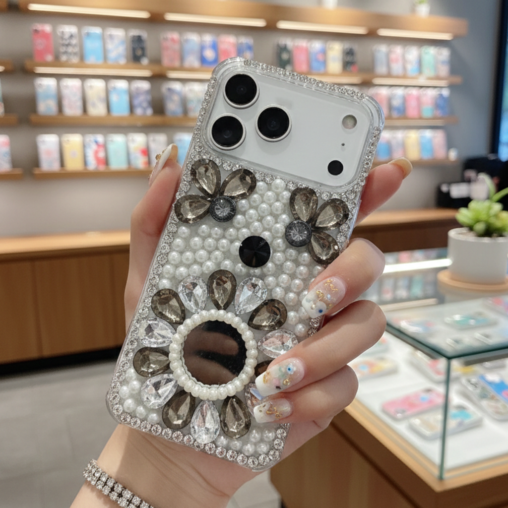Bloom Mirror Case Luxury Smokey Crystal Flower & Pearl Shield Case
