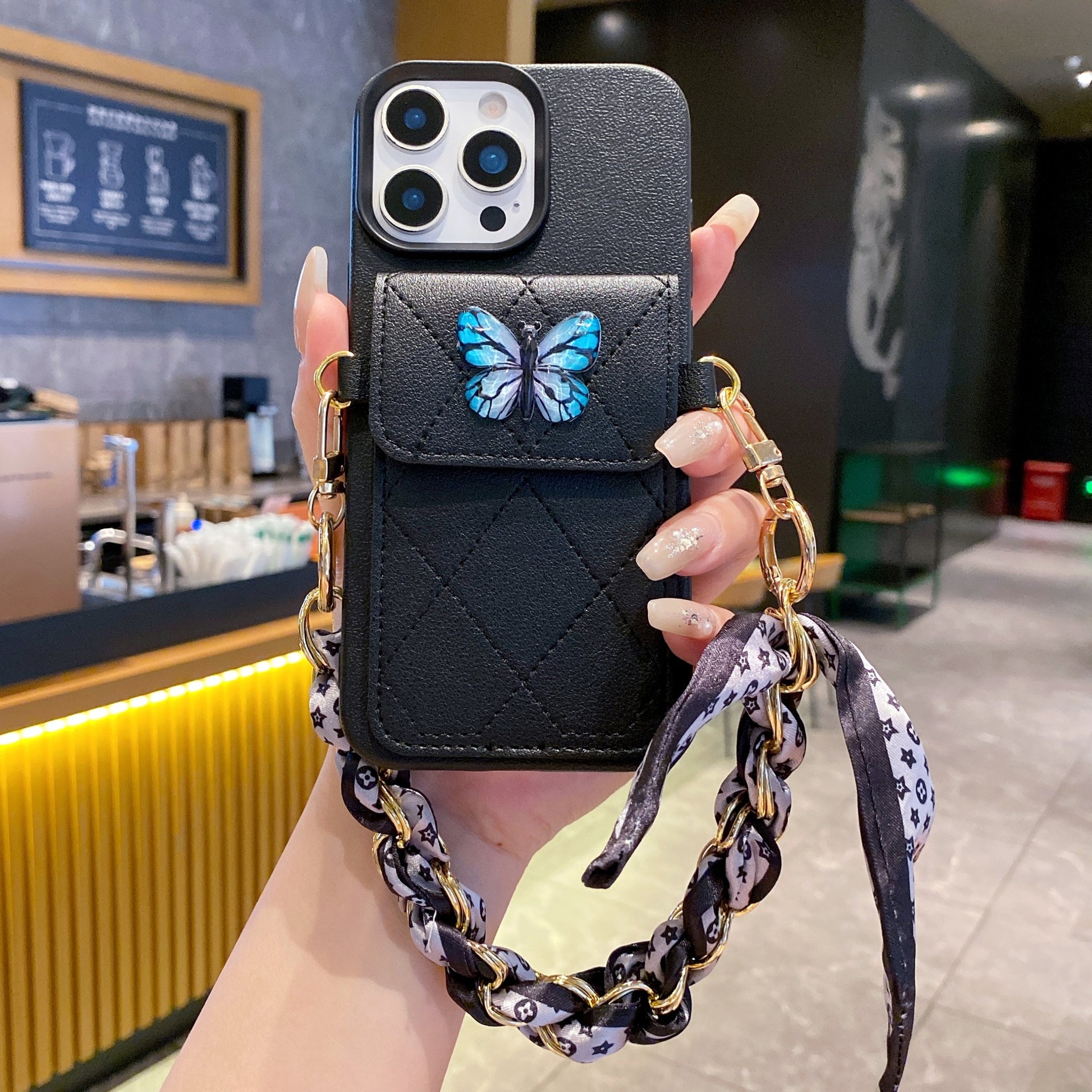 Butterfly Charm Black Leather Wallet Phone Case with Stylish Chain Strap For iPhone 15 Pro Max