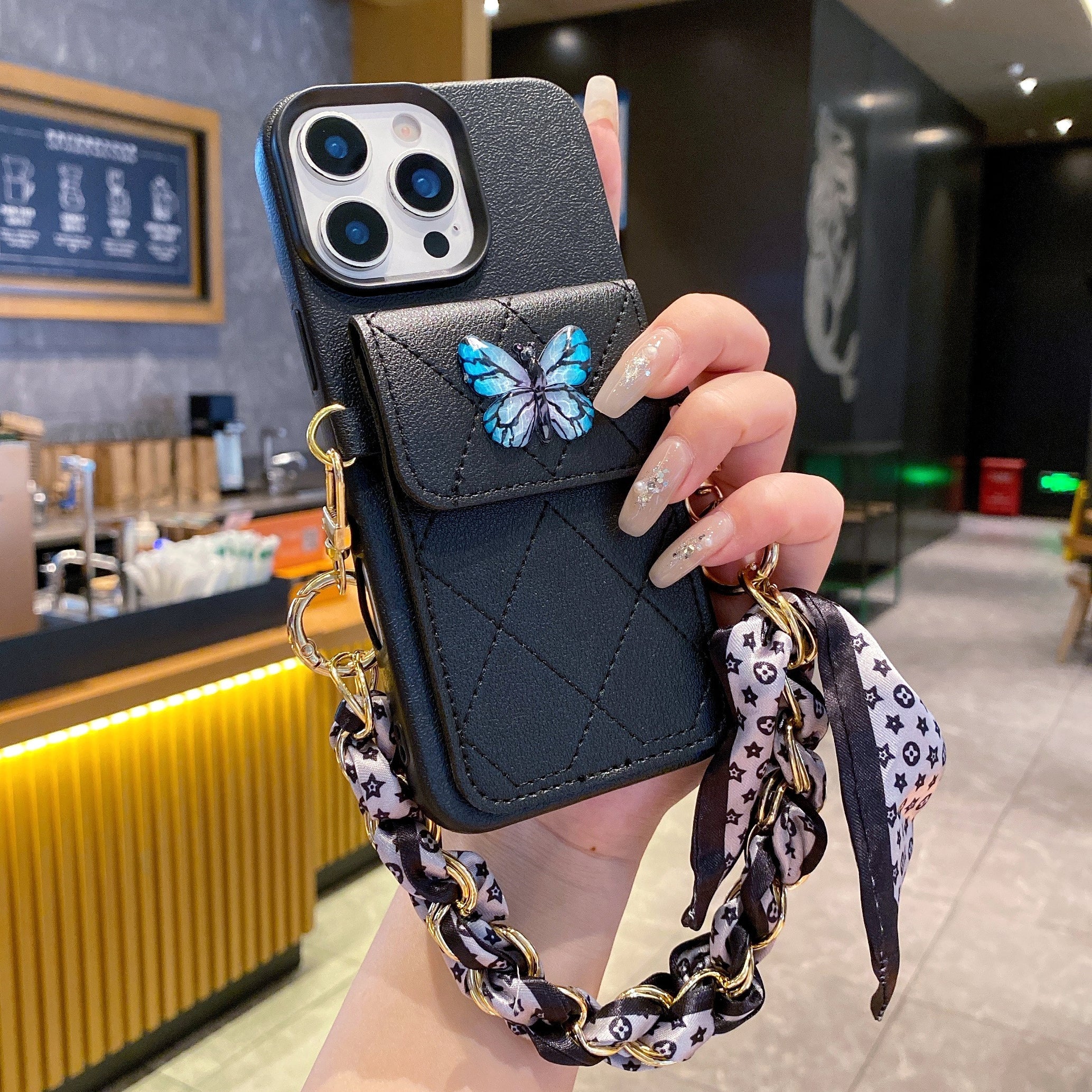 Butterfly Charm Black Leather Wallet Phone Case with Stylish Chain Strap For iPhone 15 Pro Max