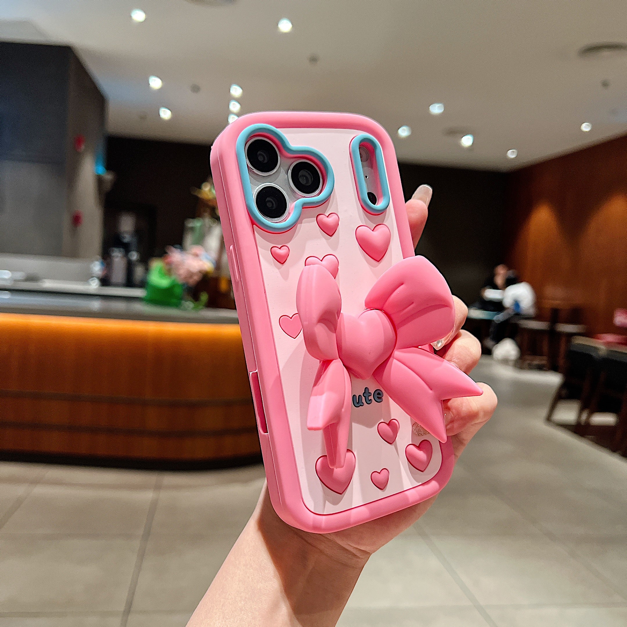 Pink Heart With Bow Stand Silicon Phone Cases For iPhone