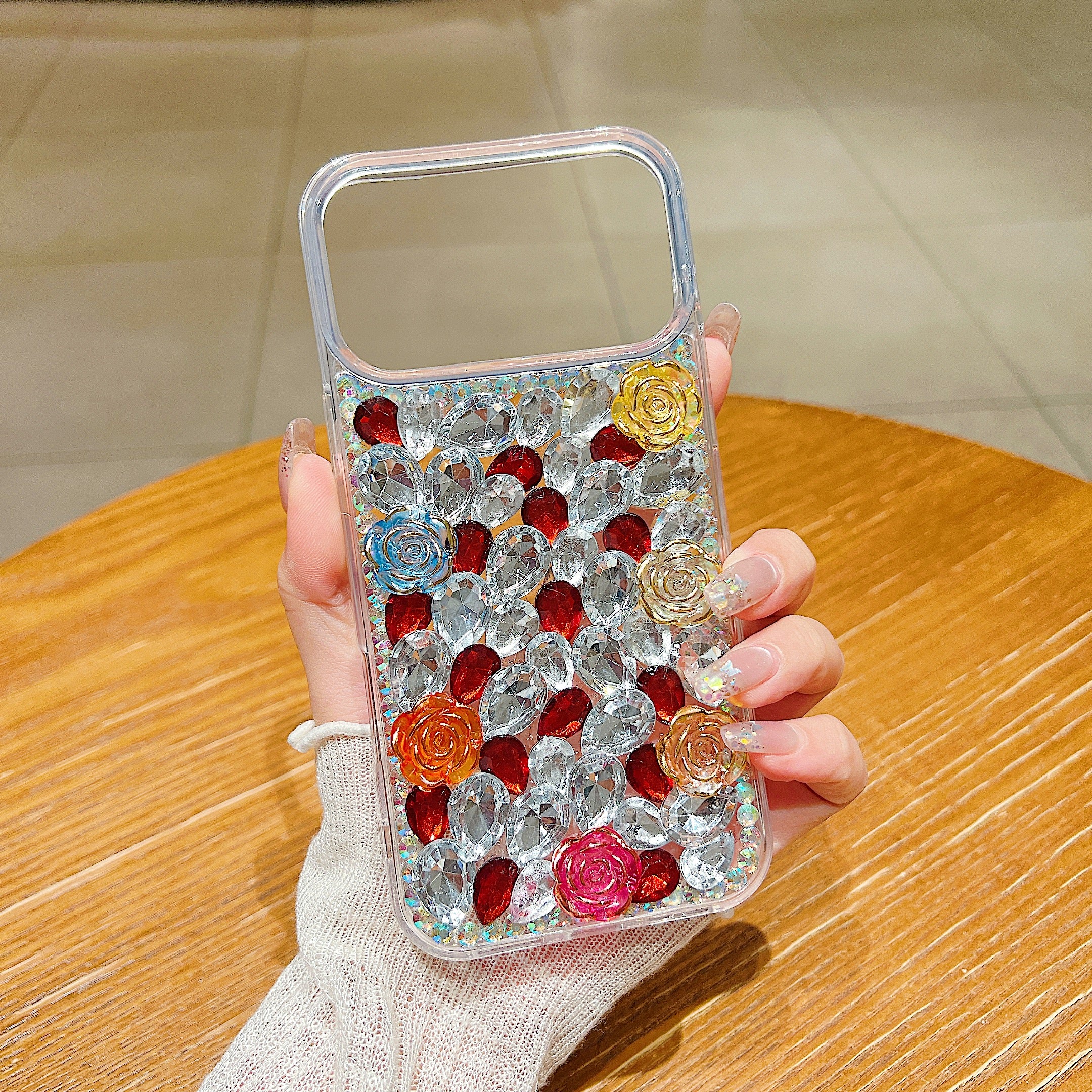 Rainbow Rose Crystal Phone Case – 3D Multicolor Flower & Diamond Gem Case