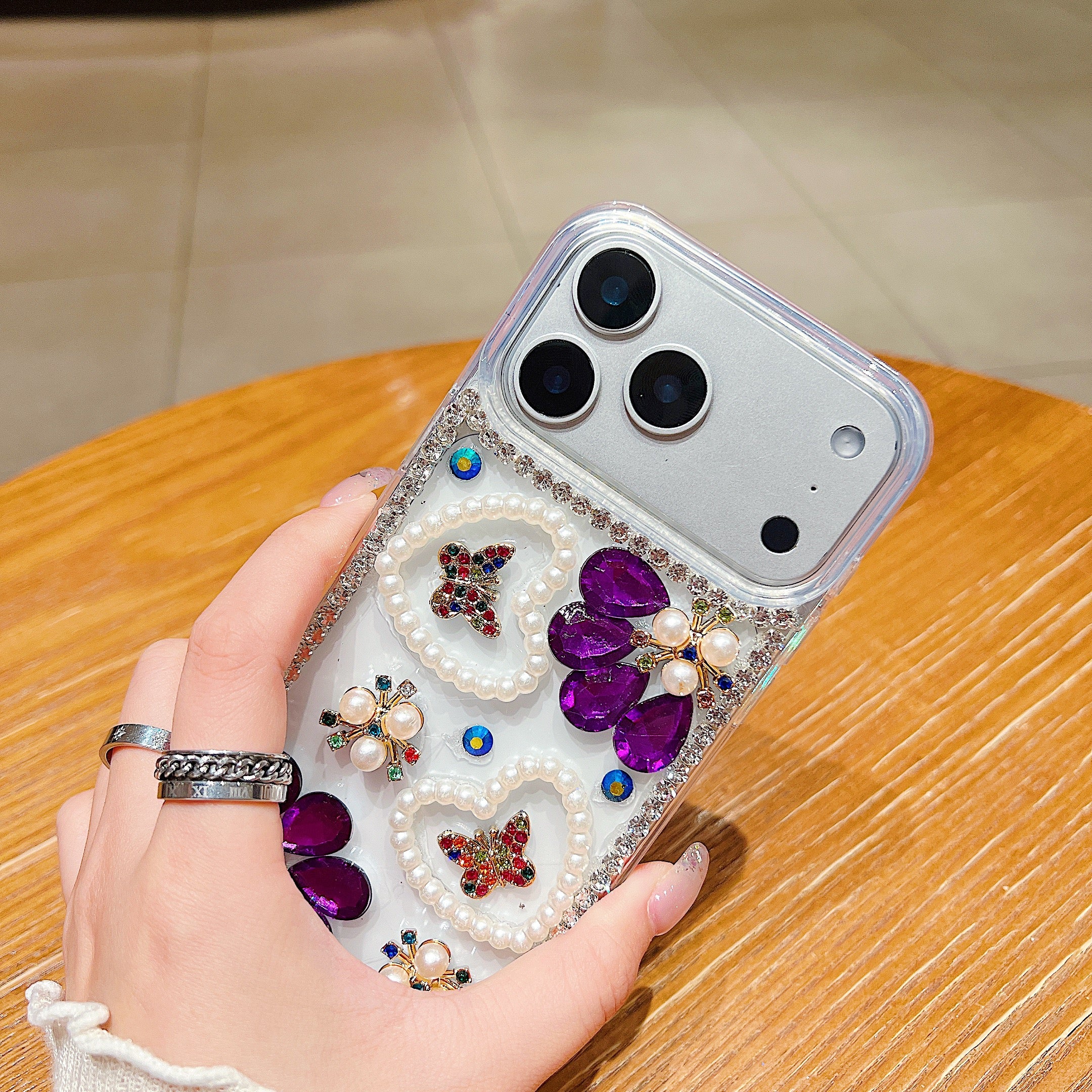 Royal Amethyst Flower Phone Case – Sparkly Diamond & Pearl 3D Floral Design