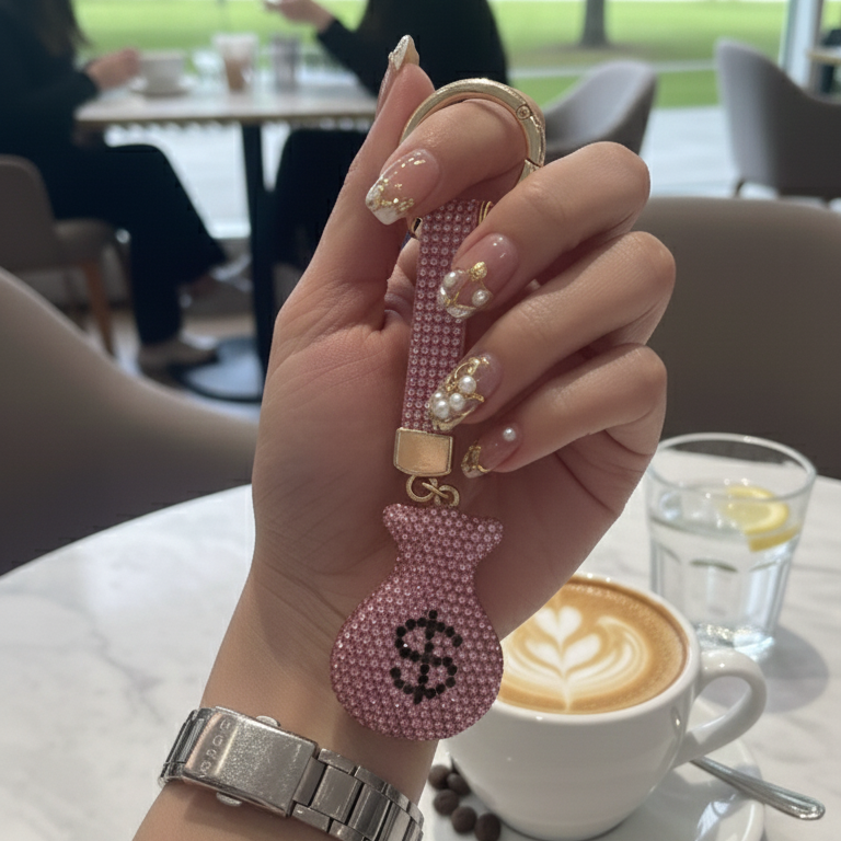 Crystal Pink Money Bag Charm - Luxury Rhinestone Keychain For Bags & Phone Charms