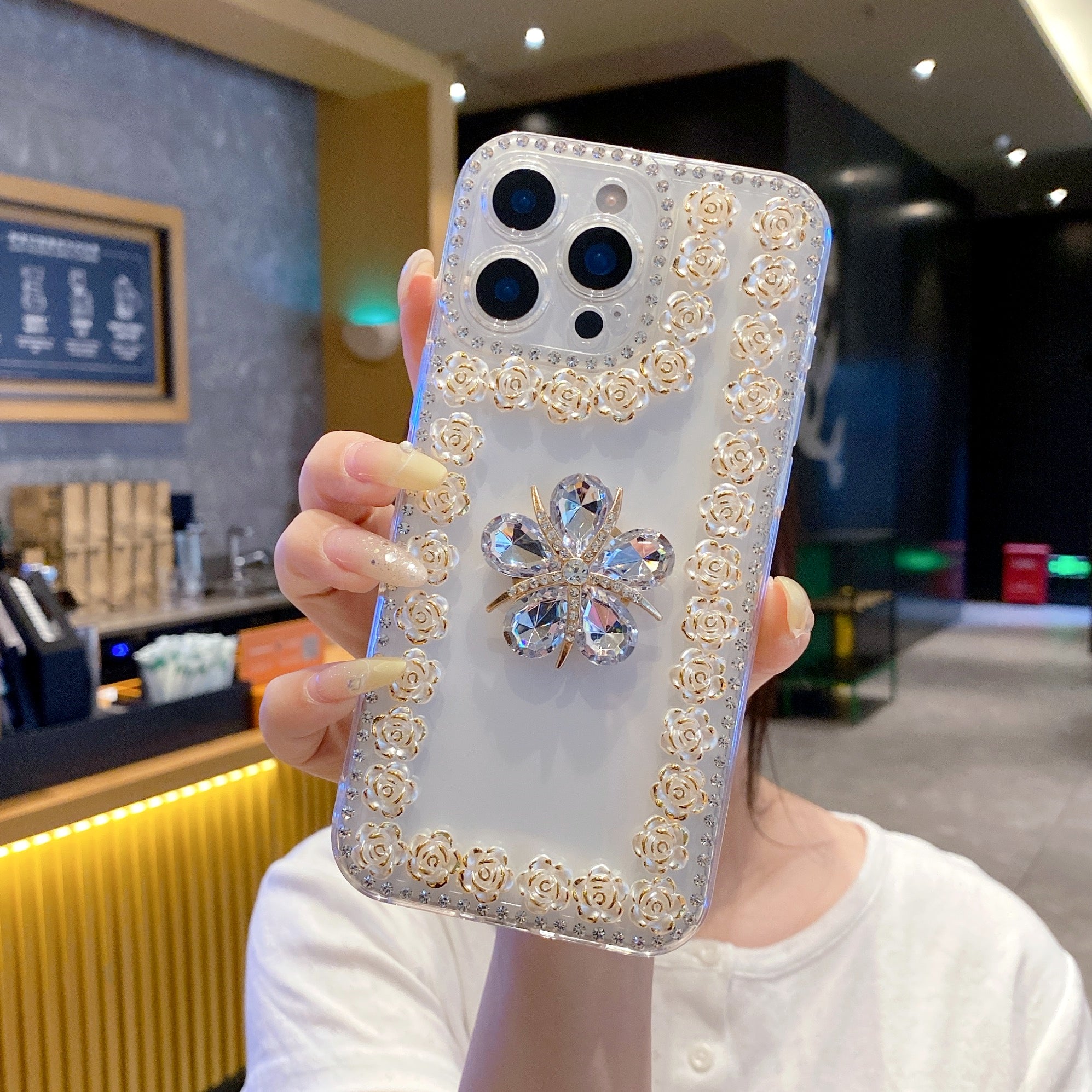 Crystal Flower Bling Case with Rose Border – Elegant 3D Design | Silicon Phone Case