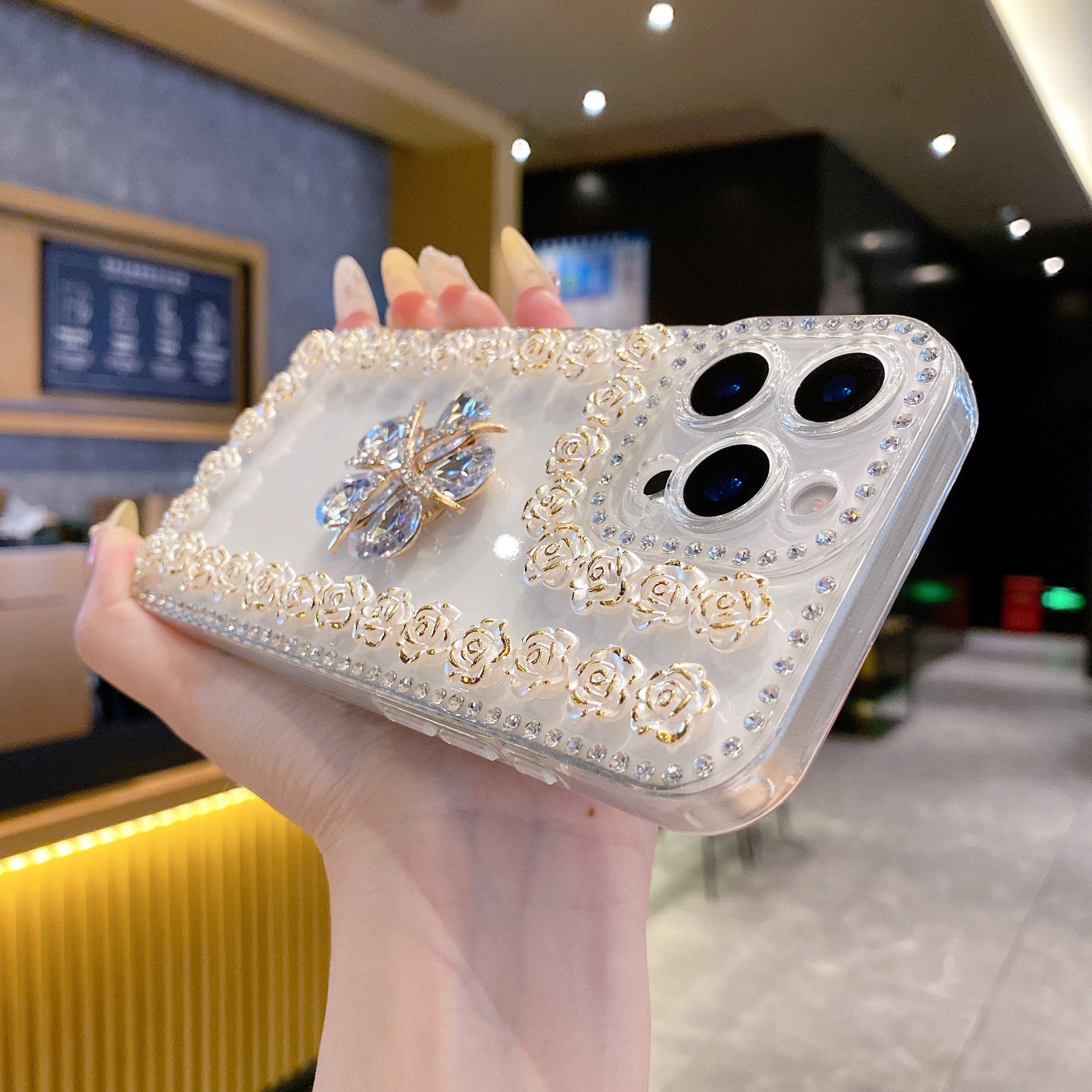 Crystal Flower Bling Case with Rose Border – Elegant 3D Design | Silicon Phone Case For iPhone 15