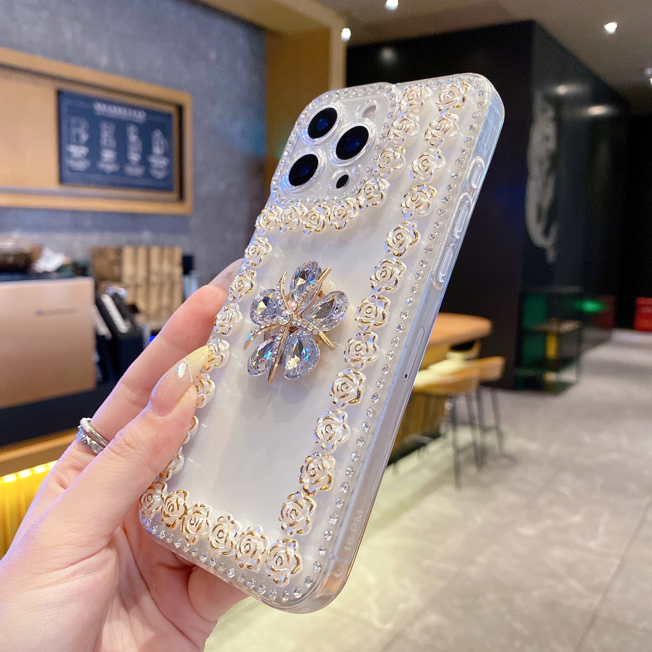 Crystal Flower Bling Case with Rose Border – Elegant 3D Design | Silicon Phone Case For iPhone 15