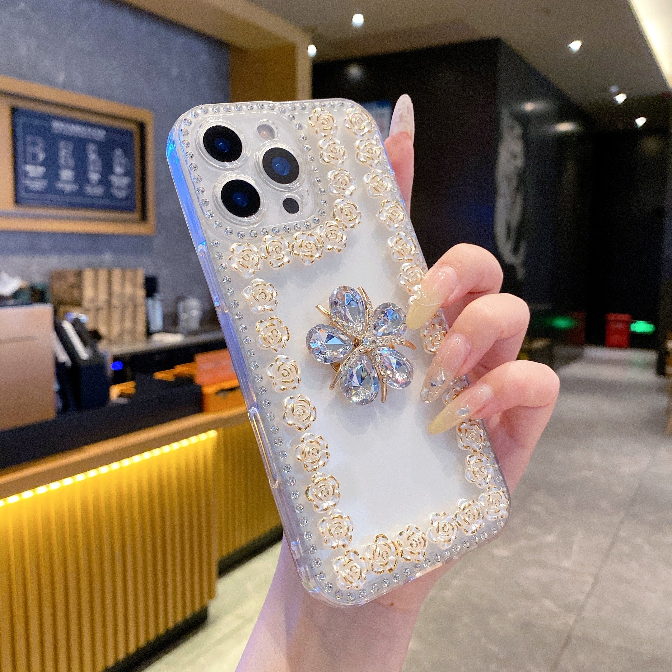 Crystal Flower Bling Case with Rose Border – Elegant 3D Design | Silicon Phone Case For iPhone 15