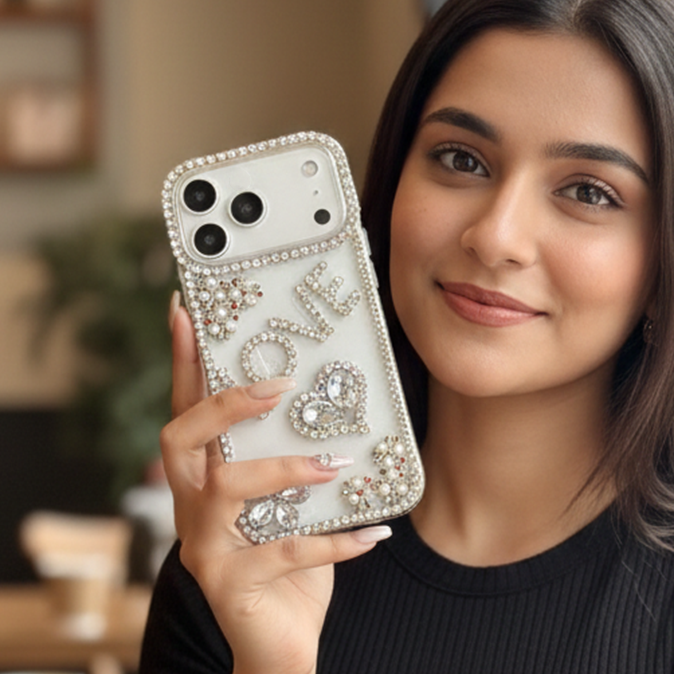 Crystal LOVE Word Art Case — Luxury Silver Rhinestone Heart & Flower Case
