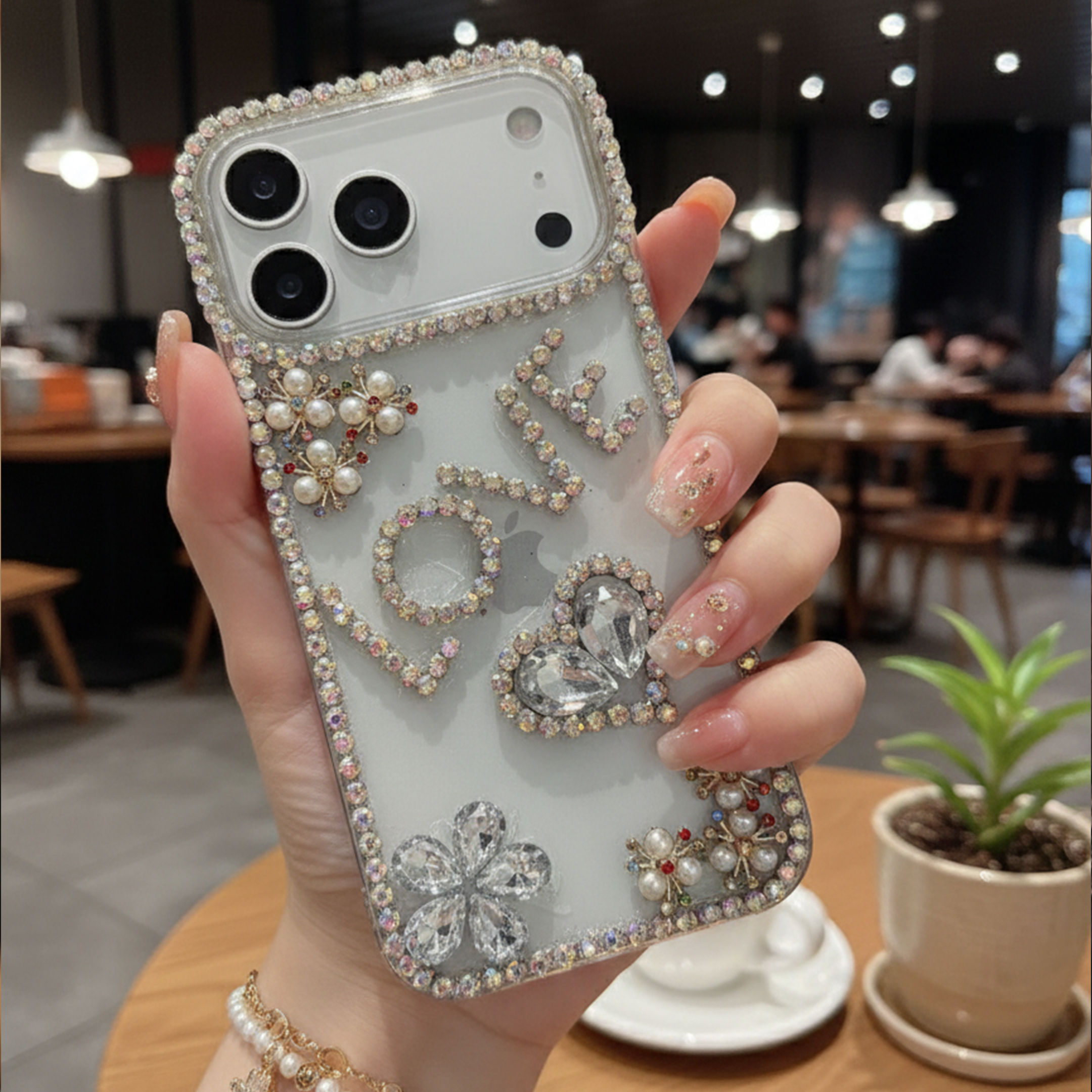 Crystal LOVE Word Art Case — Luxury Silver Rhinestone Heart & Flower Case